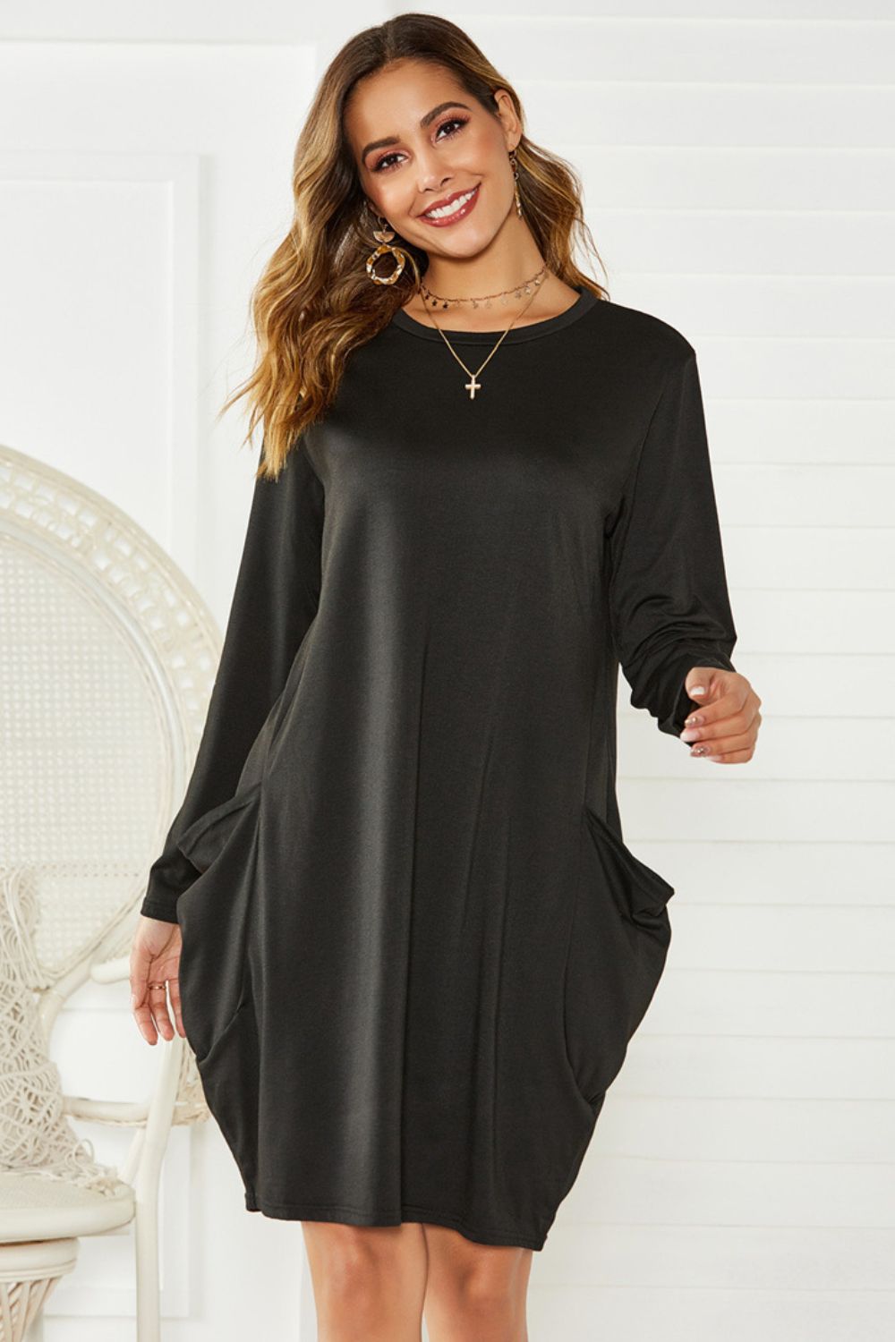 Pocketed Round Neck Long Sleeve Dress-TOPS / DRESSES-[Adult]-[Female]-Black-S-2022 Online Blue Zone Planet