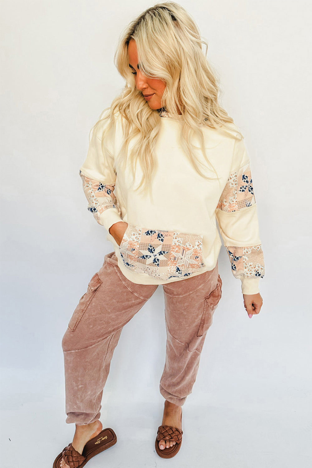 Beige Western Geo Pattern Patchwork Hoodie with Kangaroo Pocket-Tops/Sweatshirts & Hoodies-[Adult]-[Female]-2022 Online Blue Zone Planet