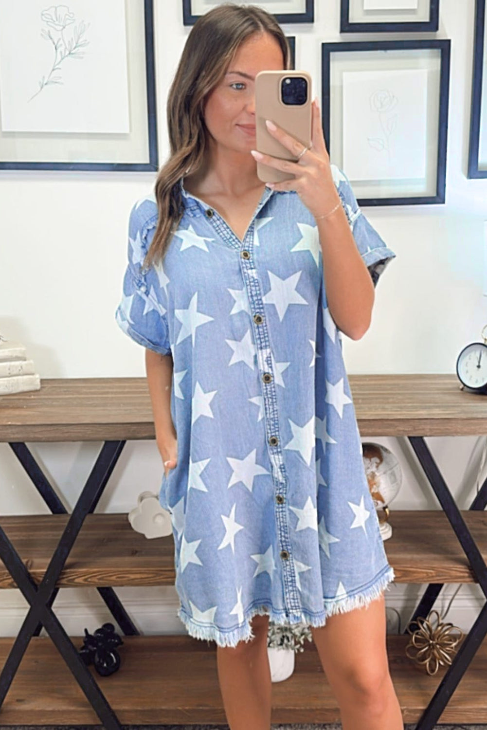 Blue Zone Planet | Sky Blue Stars Frayed Hem Collared Short Sleeve Denim Dress-TOPS / DRESSES-[Adult]-[Female]-2022 Online Blue Zone Planet