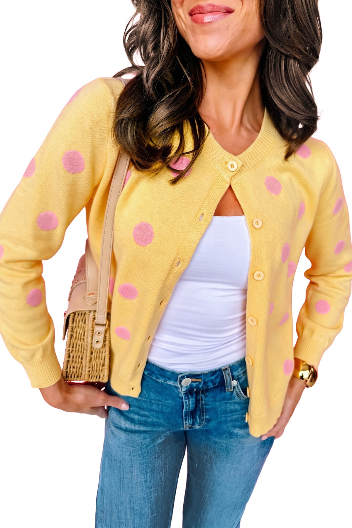 Yellow Cream Casual Polka Dot Button Front Long Sleeve Sweater Cardigan-Sweaters & Cardigans/Cardigans-[Adult]-[Female]-2022 Online Blue Zone Planet