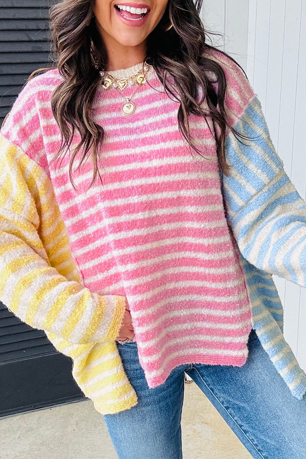 Multicolour Color Block Striped Patchwork Dolman Sleeve Slit Sweater-TOPS / DRESSES-[Adult]-[Female]-2022 Online Blue Zone Planet