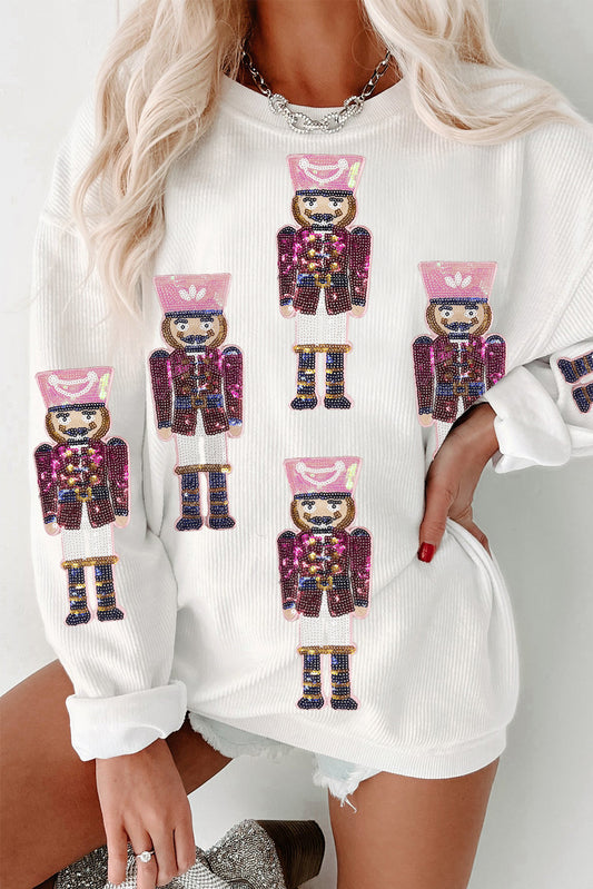 White Sequin Nutcracker Graphic Christmas Fashion Corded Sweatshirt-Graphic/Graphic Sweatshirts-[Adult]-[Female]-White-S-2022 Online Blue Zone Planet