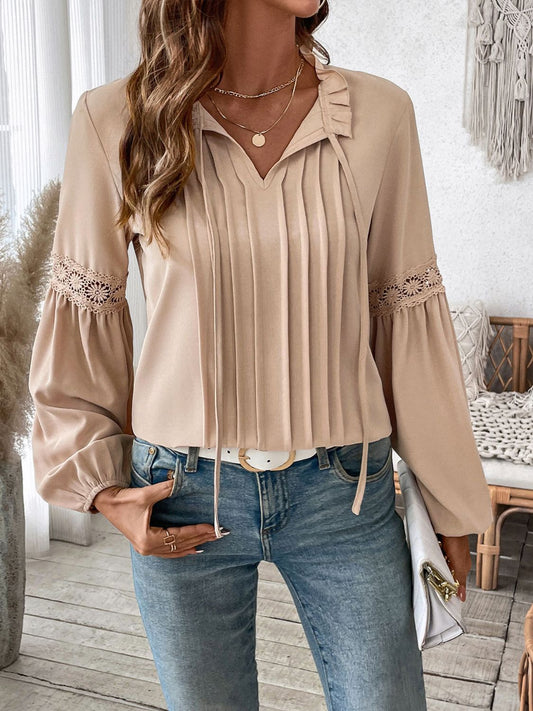 Perfee Frill Tie Neck Long Sleeve Blouse-TOPS / DRESSES-[Adult]-[Female]-Tan-S-2022 Online Blue Zone Planet