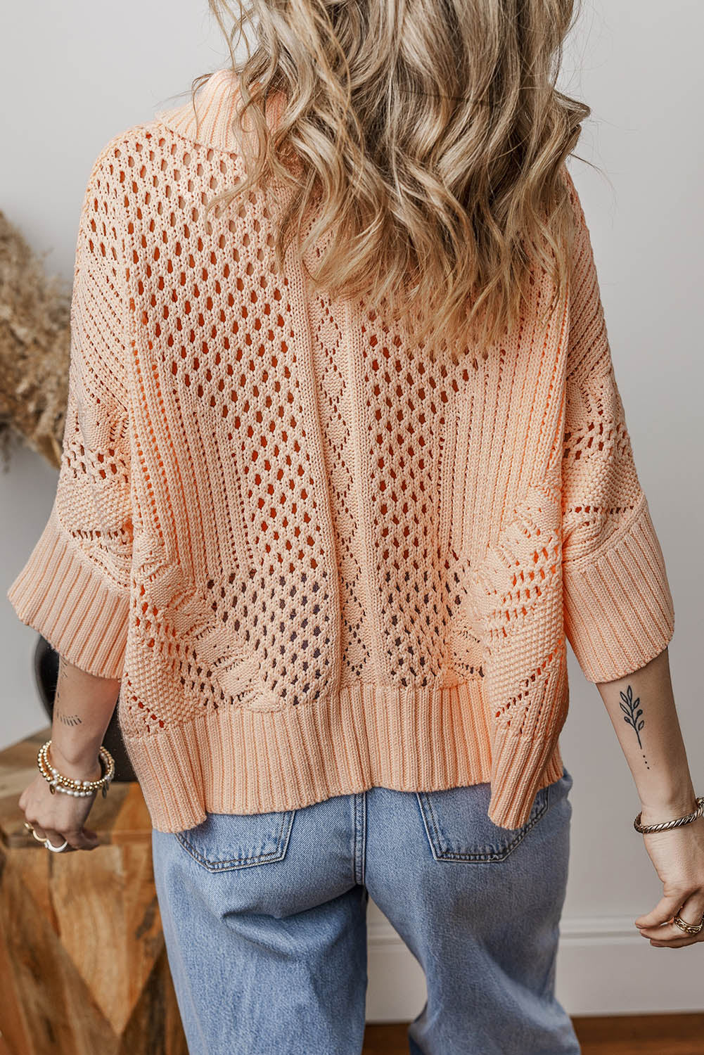 Blue Zone Planet | Apricot Pink Hollowed Knit 3/4 Dolman Sleeve Buttoned Collared Sweater-Sweaters & Cardigans/Cardigans-[Adult]-[Female]-2022 Online Blue Zone Planet