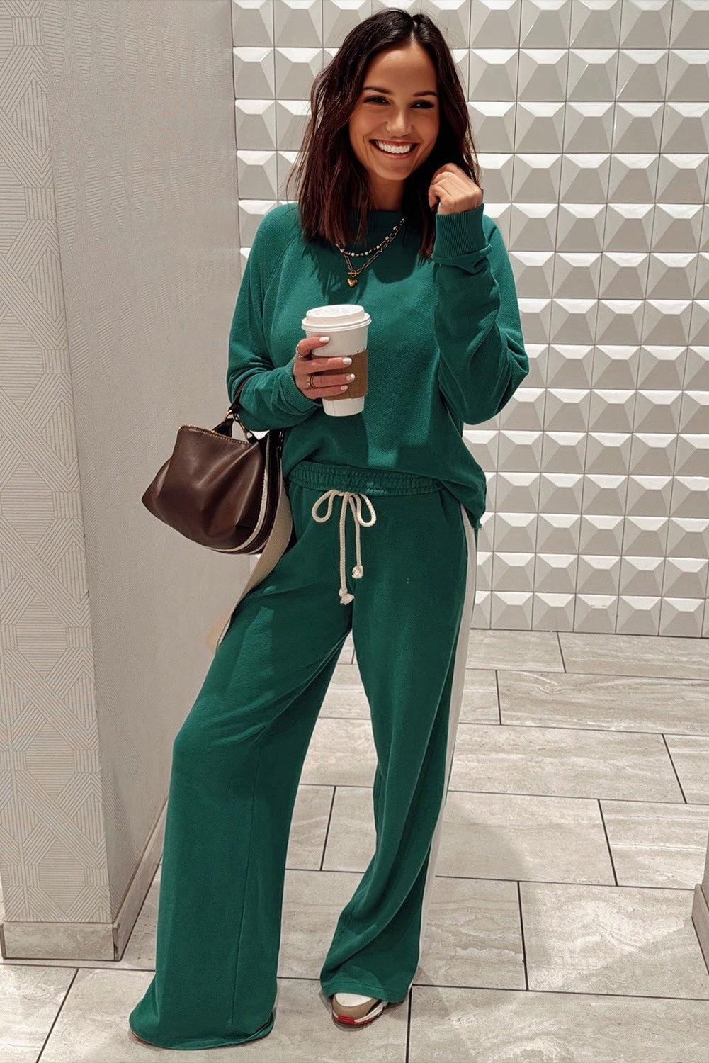 Sea Green Solid Color Pullover Top Varsity Stripe Detail Loose Drawstring Pants Set-Two Piece Sets/Pant Sets-[Adult]-[Female]-2022 Online Blue Zone Planet