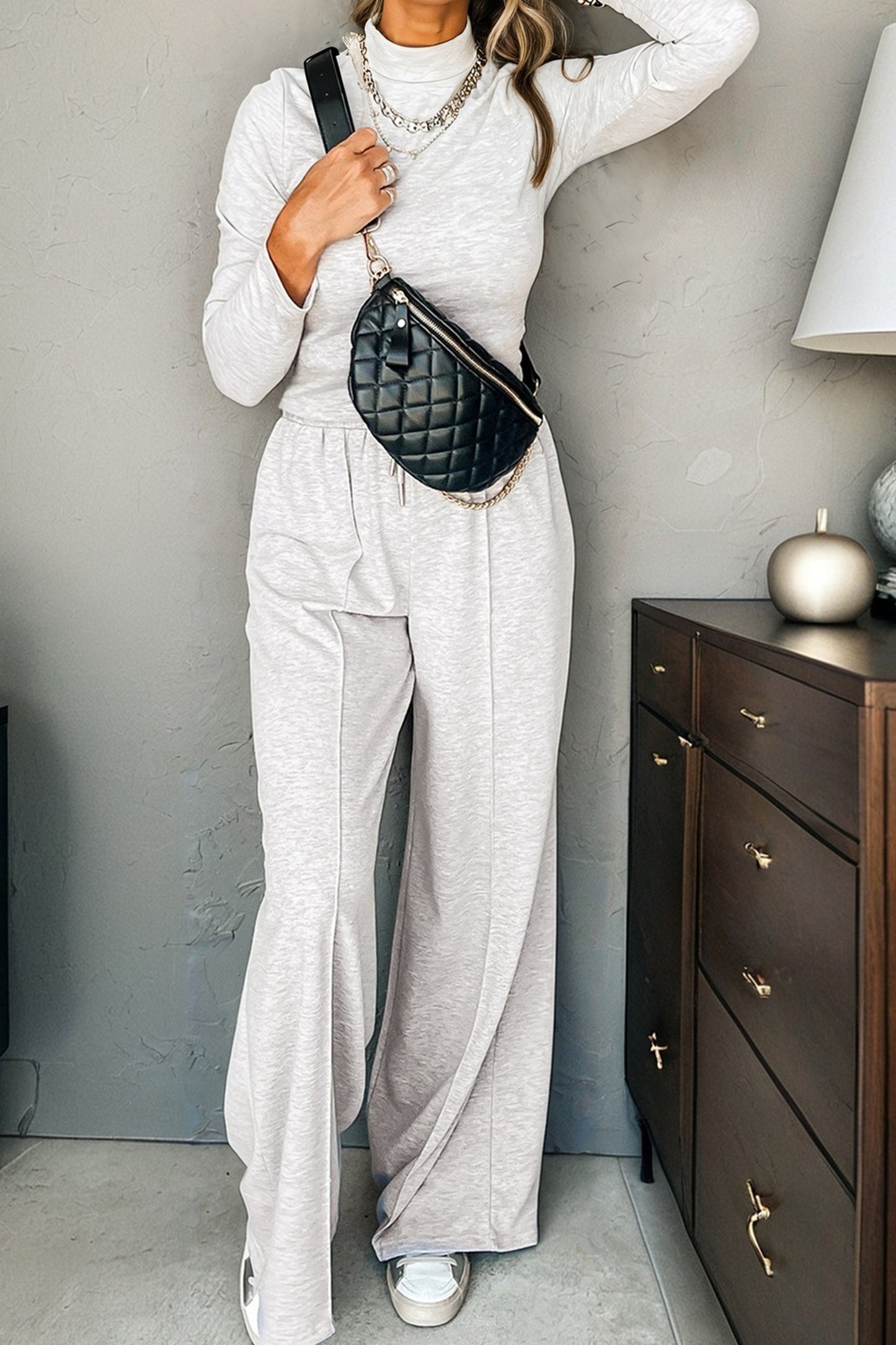 Light Grey Long Sleeve High Neck Slim Top Smocked Waist Central Seam Pants Set-Two Piece Sets/Pant Sets-[Adult]-[Female]-2022 Online Blue Zone Planet