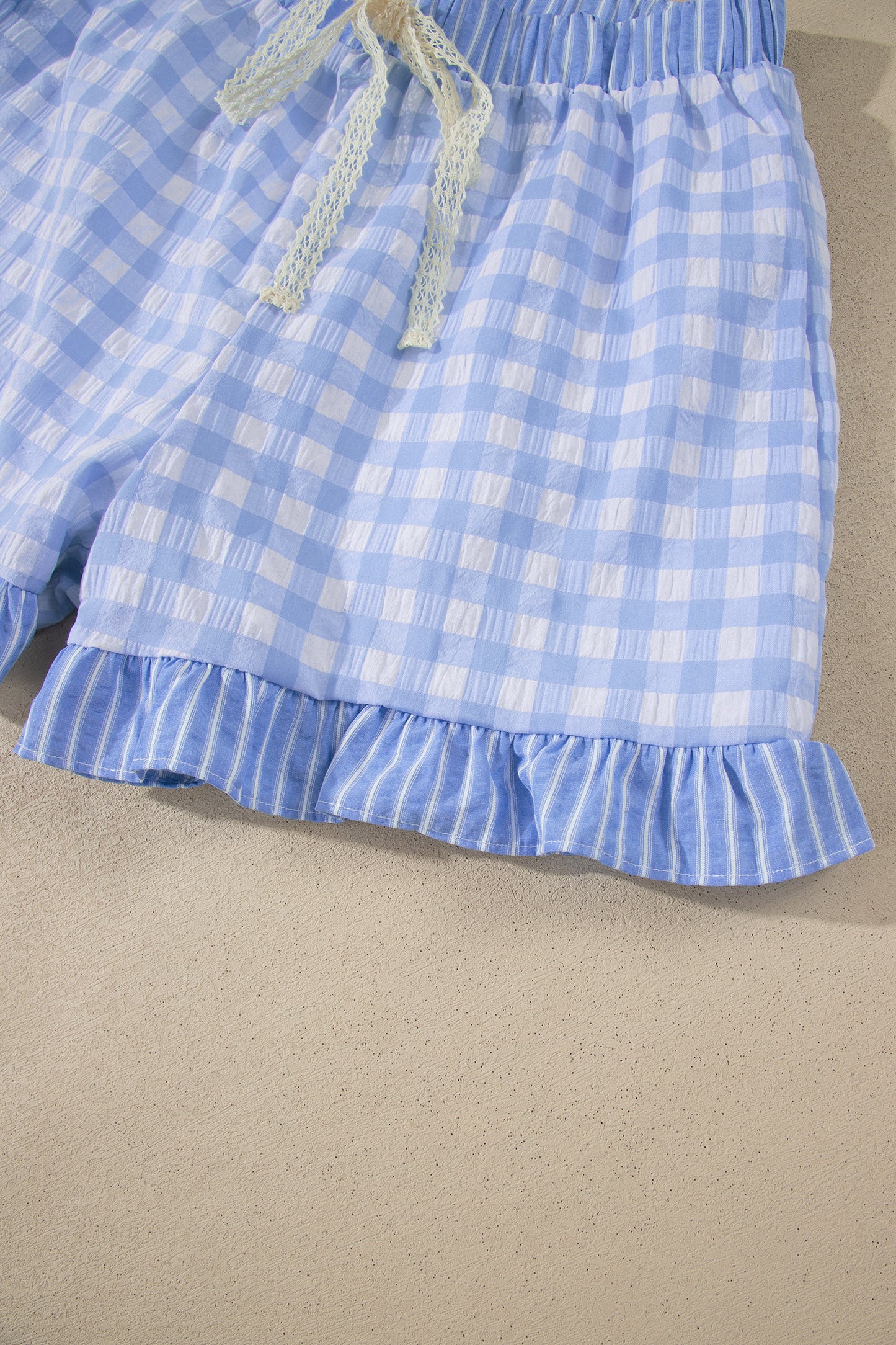 Red Gingham Print Ruffle Striped Detail Lace Tie Shorts-Bottoms/Casual Shorts-[Adult]-[Female]-2022 Online Blue Zone Planet