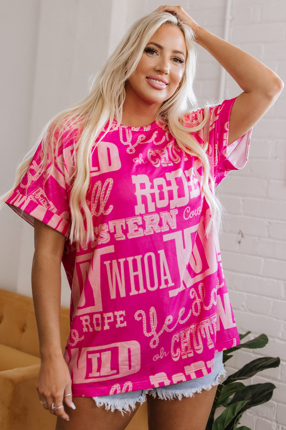 Rose Howdy Cowboy Letter Printed Western Fashion Tee-Tops/Tops & Tees-[Adult]-[Female]-2022 Online Blue Zone Planet