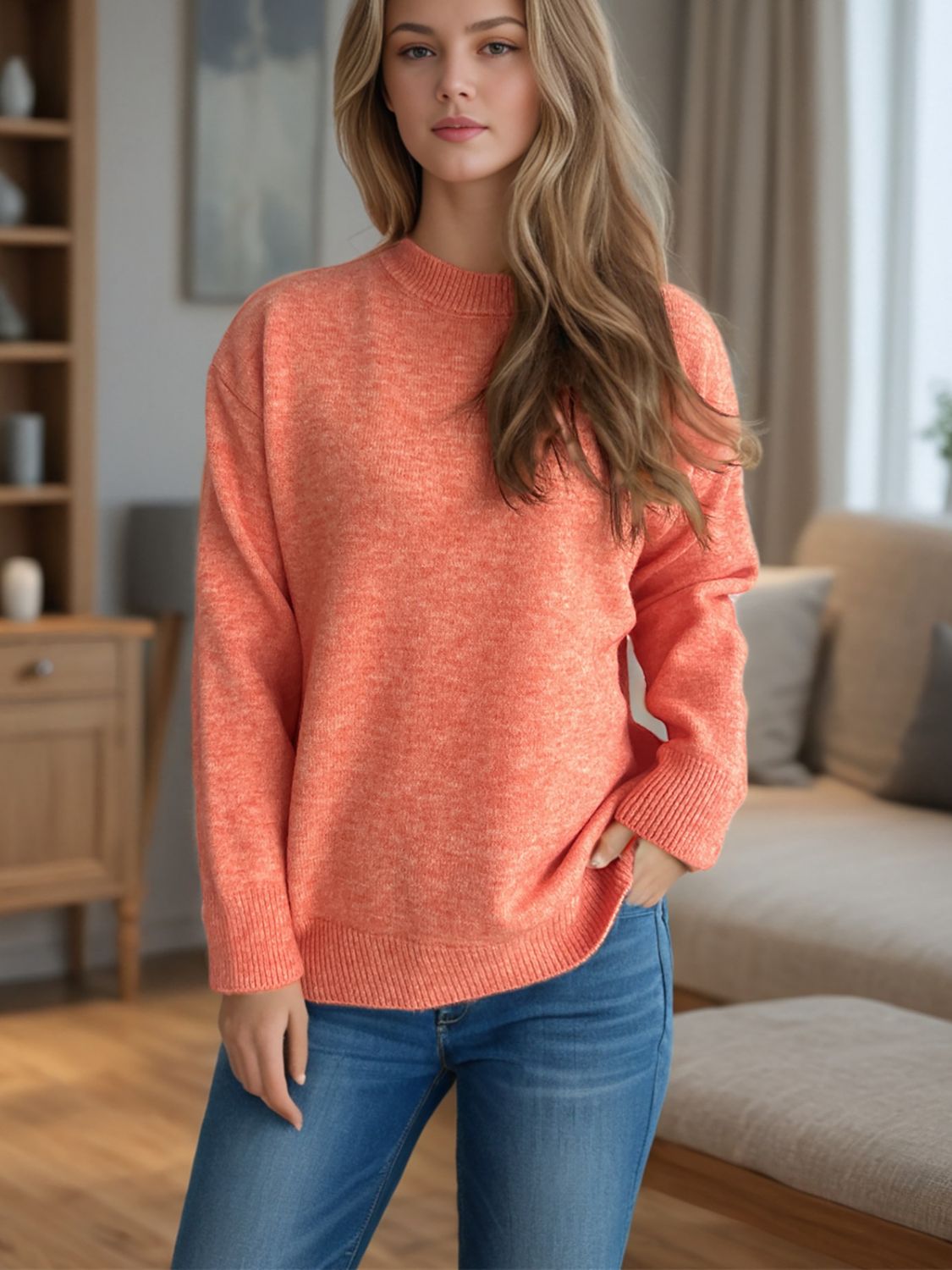 Blue Zone Planet | Round Neck Drop Shoulder Long Sleeve Sweater-TOPS / DRESSES-[Adult]-[Female]-2022 Online Blue Zone Planet