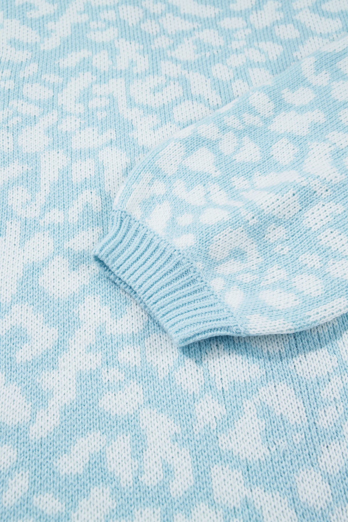 Light Blue Leopard Print V Neck Long Sleeve Loose Fit Knit Cardigan-Sweaters & Cardigans/Cardigans-[Adult]-[Female]-2022 Online Blue Zone Planet