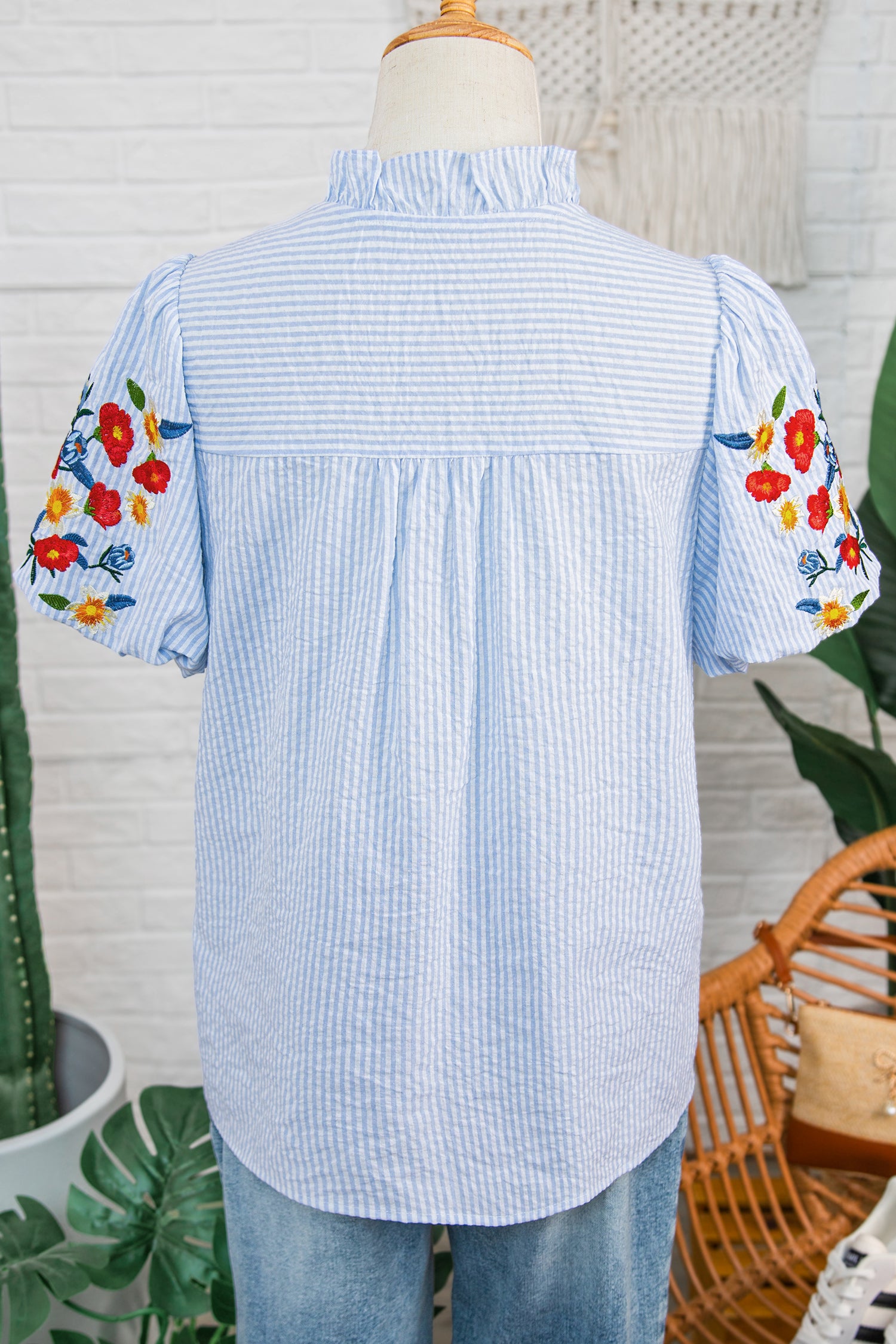 Sky Blue Stripe Floral Embroidered Puff Sleeve Ruffle Trim Shirt-Tops/Blouses & Shirts-[Adult]-[Female]-2022 Online Blue Zone Planet