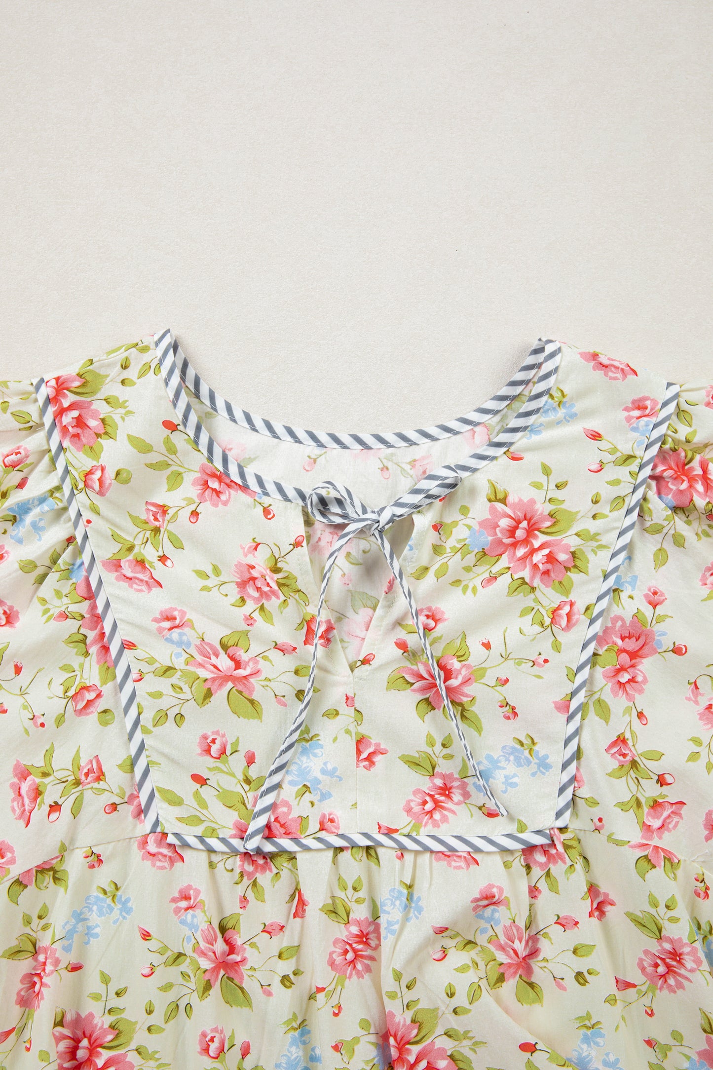 Apricot Striped Edge 3/4 Puff Sleeve Floral Dress-TOPS / DRESSES-[Adult]-[Female]-2022 Online Blue Zone Planet