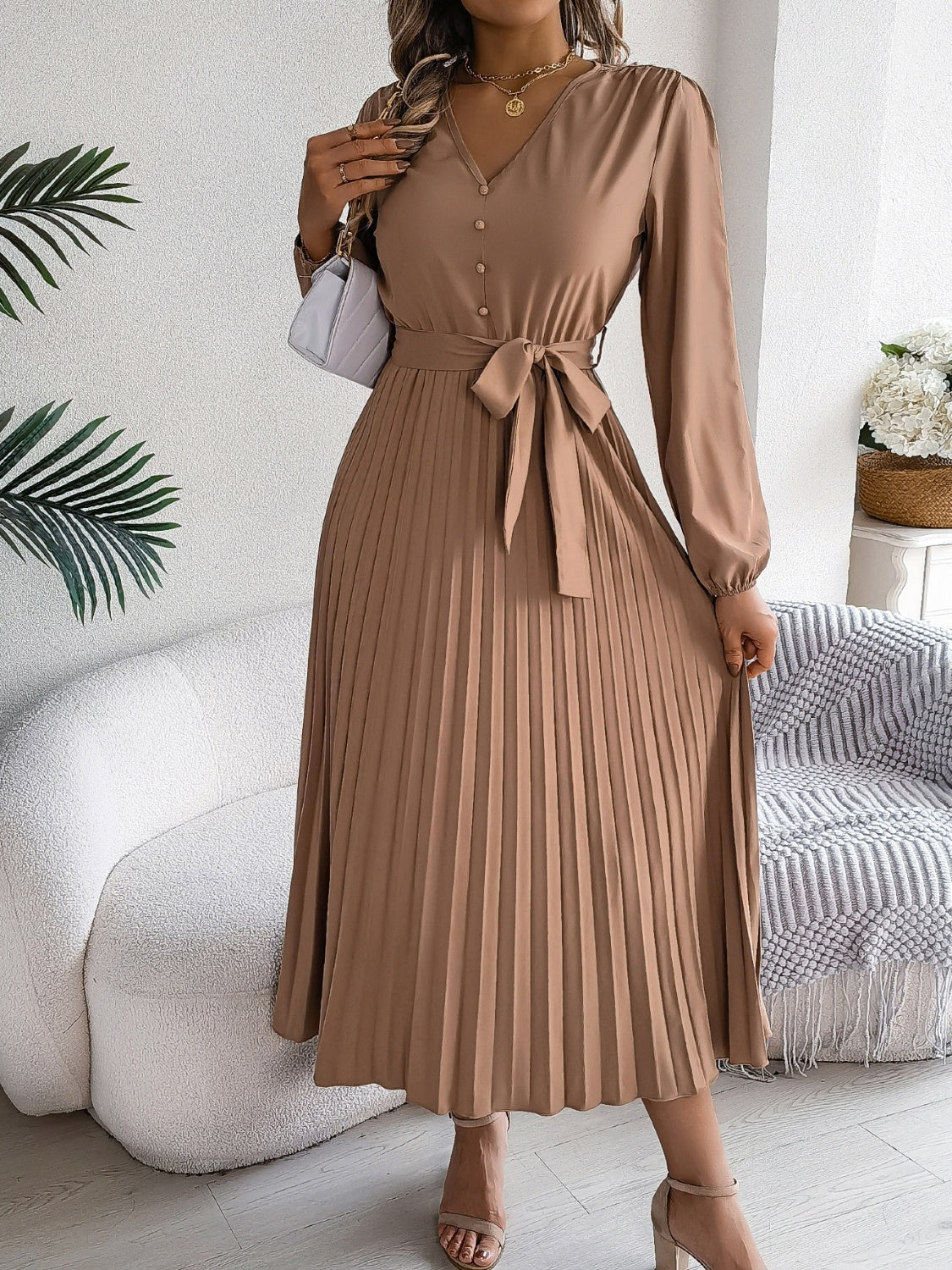 Pleated Tied V-Neck Long Sleeve Dress-TOPS / DRESSES-[Adult]-[Female]-2022 Online Blue Zone Planet