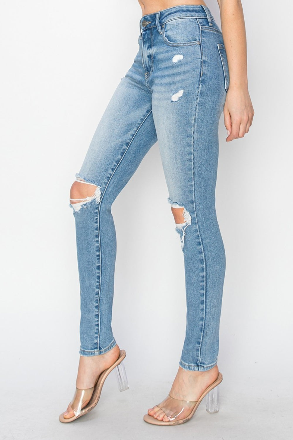 Blue Zone Planet | Risen Full Size High Rise Knee Distressed Skinny Jeans-BOTTOMS SIZES SMALL MEDIUM LARGE-[Adult]-[Female]-2022 Online Blue Zone Planet