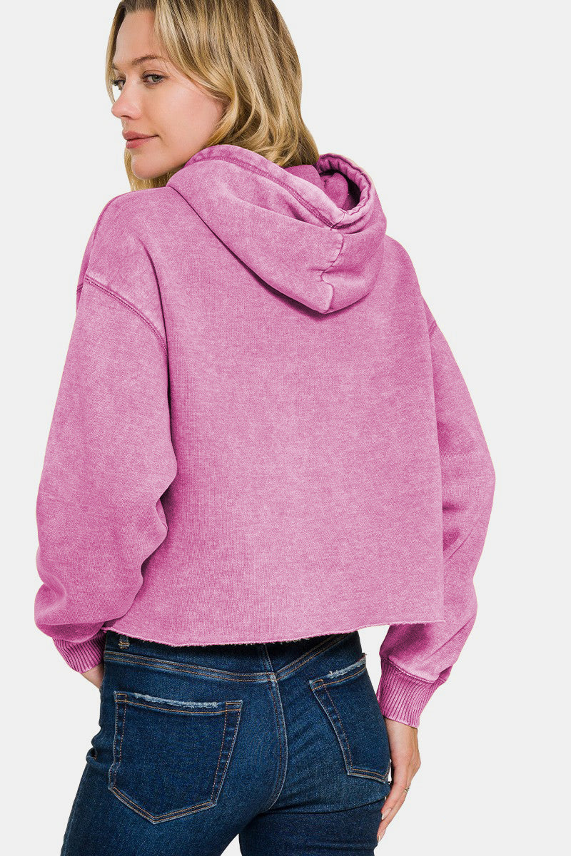 Zenana Acid Wash Fleece Cropped Hoodie-TOPS / DRESSES-[Adult]-[Female]-2022 Online Blue Zone Planet