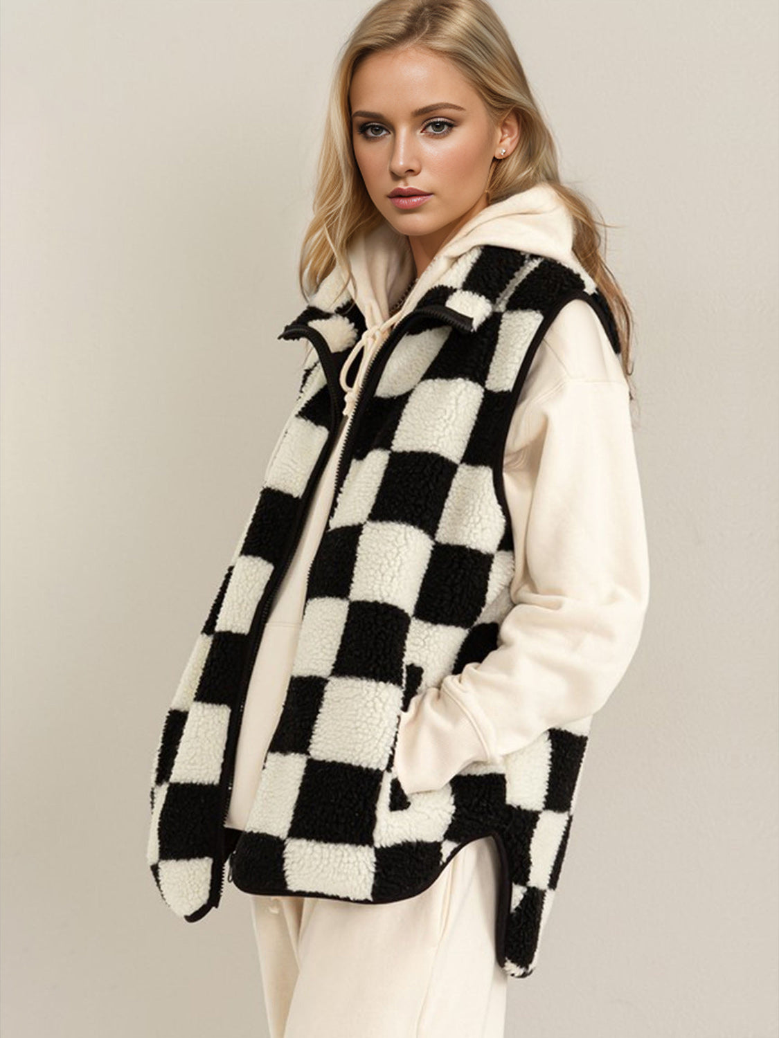 Double Take Full Size Zip Up Checkered Vest Cost-TOPS / DRESSES-[Adult]-[Female]-2022 Online Blue Zone Planet