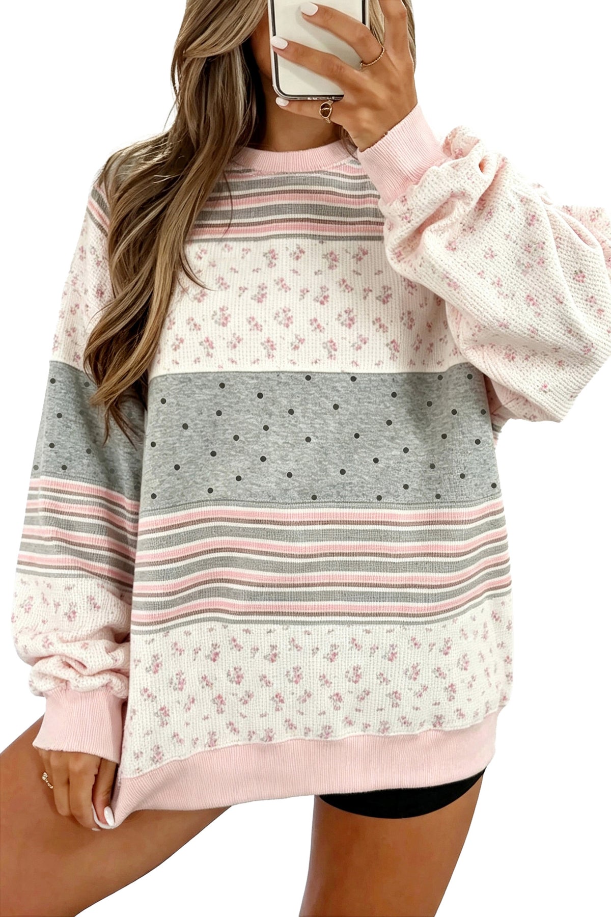 Pink Floral Mix Patchwork Tunic Pullover Sweatshirt-Tops/Sweatshirts & Hoodies-[Adult]-[Female]-2022 Online Blue Zone Planet