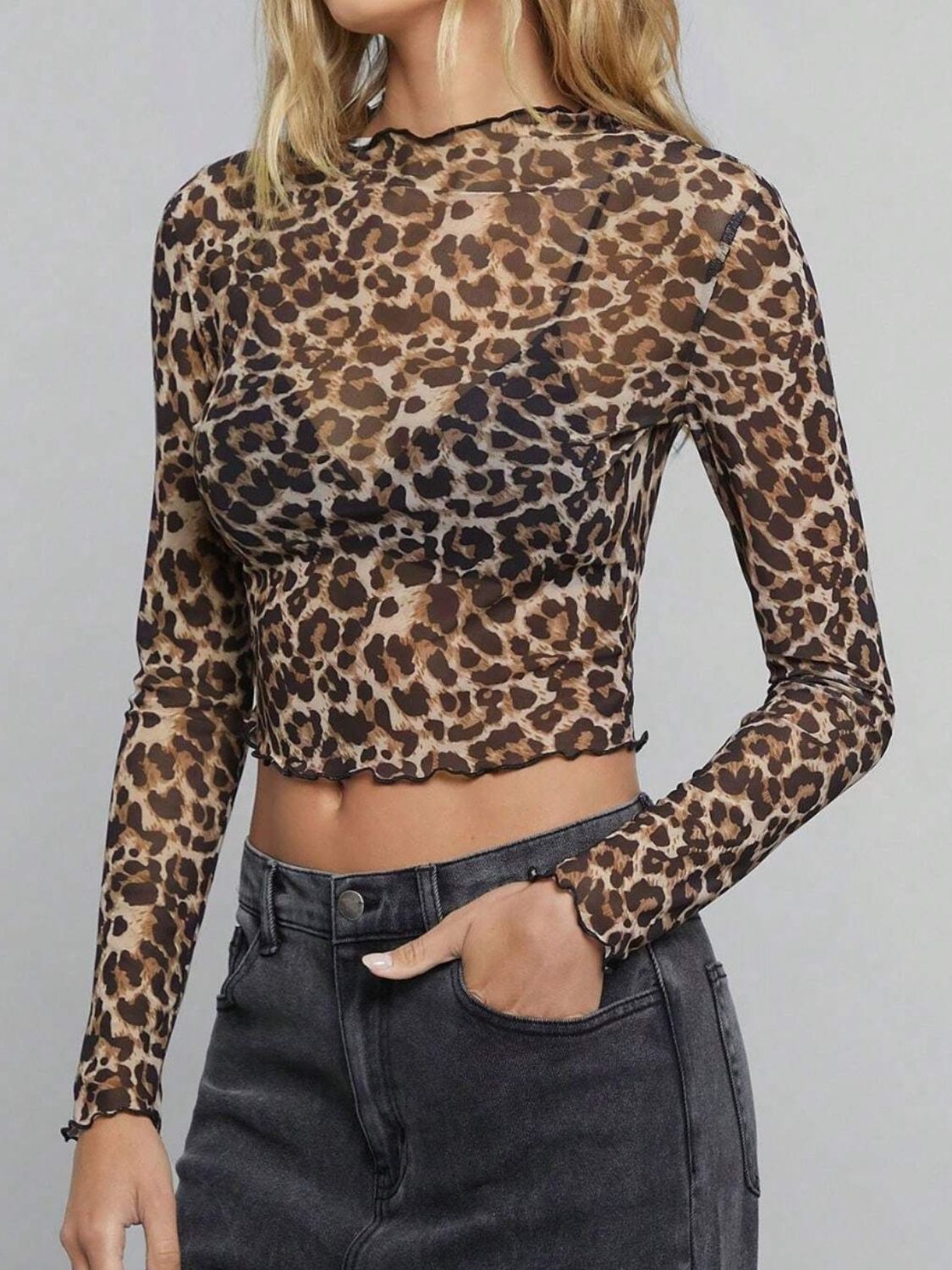 Leopard Mock Neck Long Sleeve Sheer Top-TOPS / DRESSES-[Adult]-[Female]-2022 Online Blue Zone Planet