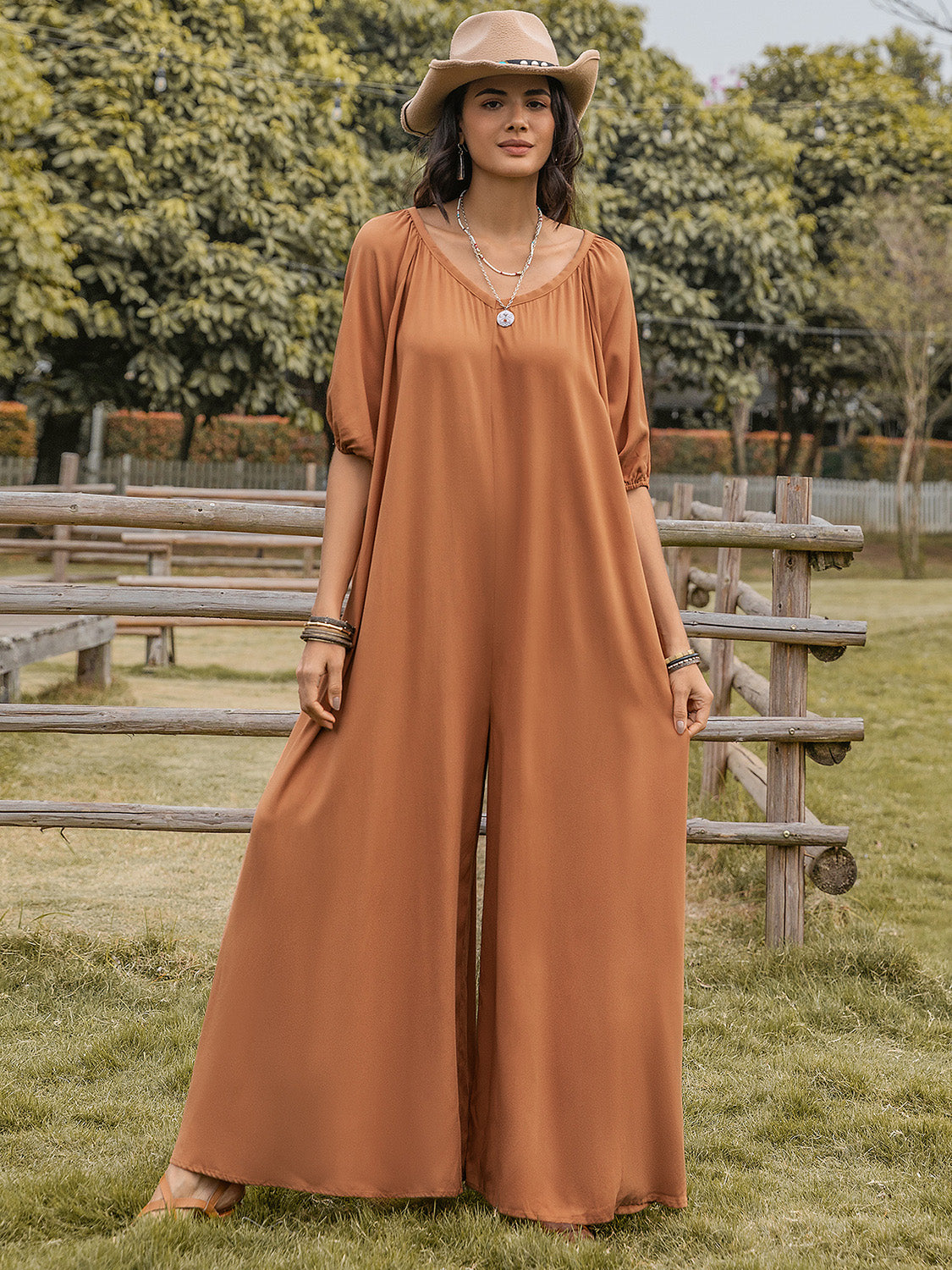 Scoop Neck Half Sleeve Wide Leg Jumpsuit-TOPS / DRESSES-[Adult]-[Female]-2022 Online Blue Zone Planet