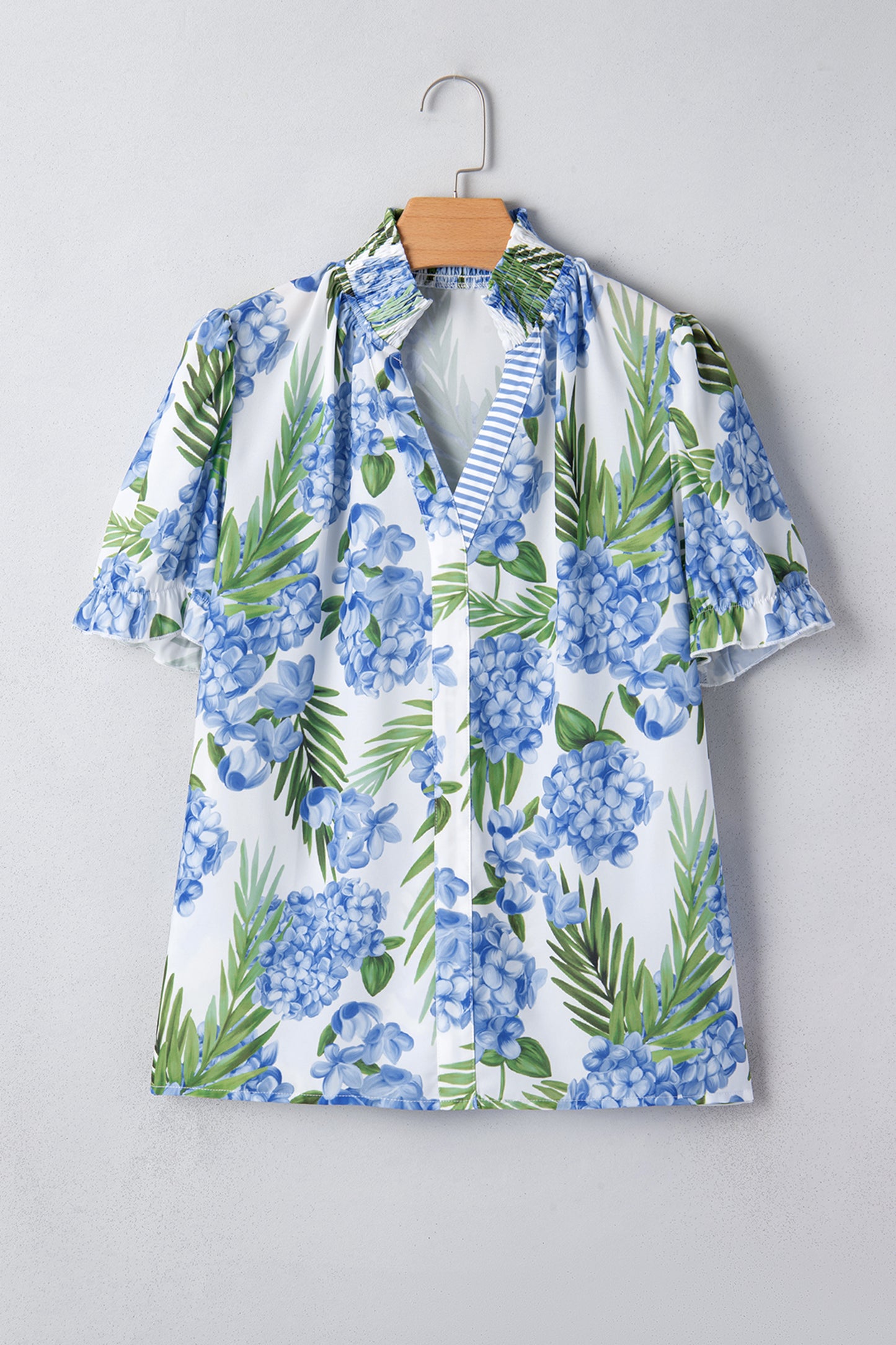 Sky Blue Palm Floral Print Striped Patchwork V Neck Short Sleeve Blouse-Tops/Blouses & Shirts-[Adult]-[Female]-2022 Online Blue Zone Planet
