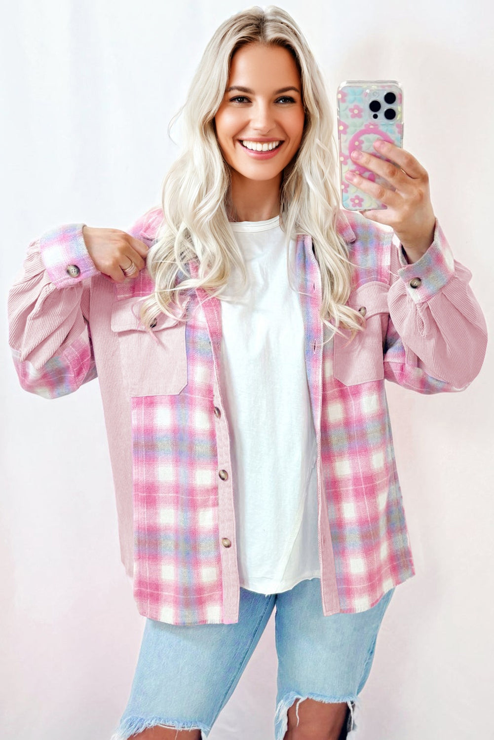 Pink Brushed Plaid Corduroy Flap Pockets Patchwork Shacket-Outerwear/Plaid Shackets-[Adult]-[Female]-2022 Online Blue Zone Planet
