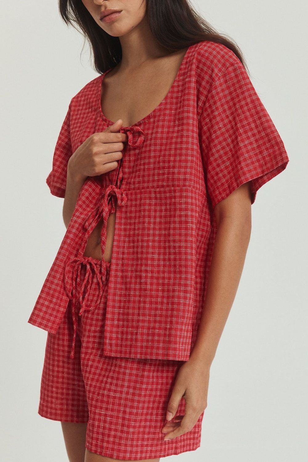 Plaid Tied Scoop Neck Short Sleeve Top and Drawstring Shorts Set-TOPS / DRESSES-[Adult]-[Female]-2022 Online Blue Zone Planet