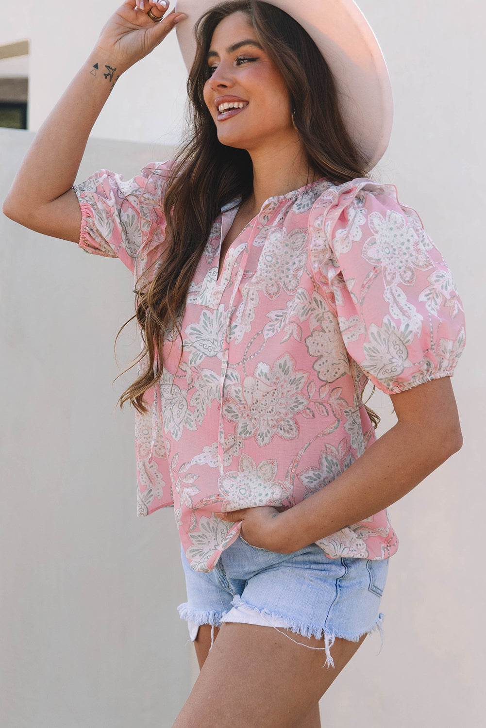 Pink Floral Print Drawstring V Neck Puff Sleeve Loose Blouse-Tops/Blouses & Shirts-[Adult]-[Female]-2022 Online Blue Zone Planet
