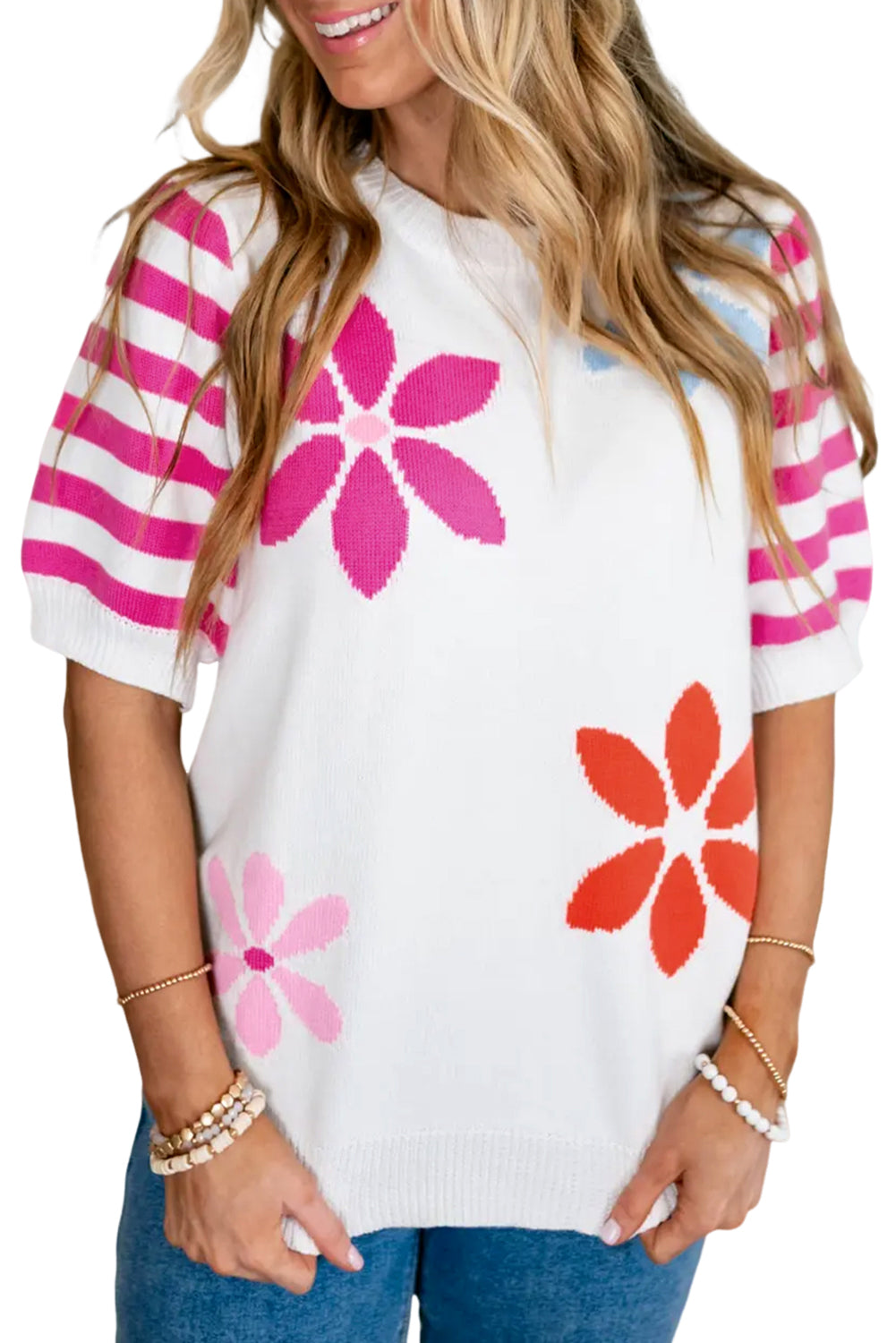 White Floral Pattern Striped Sleeve Sweater T Shirt-Sale (50% OFF)/20% OFF-[Adult]-[Female]-2022 Online Blue Zone Planet