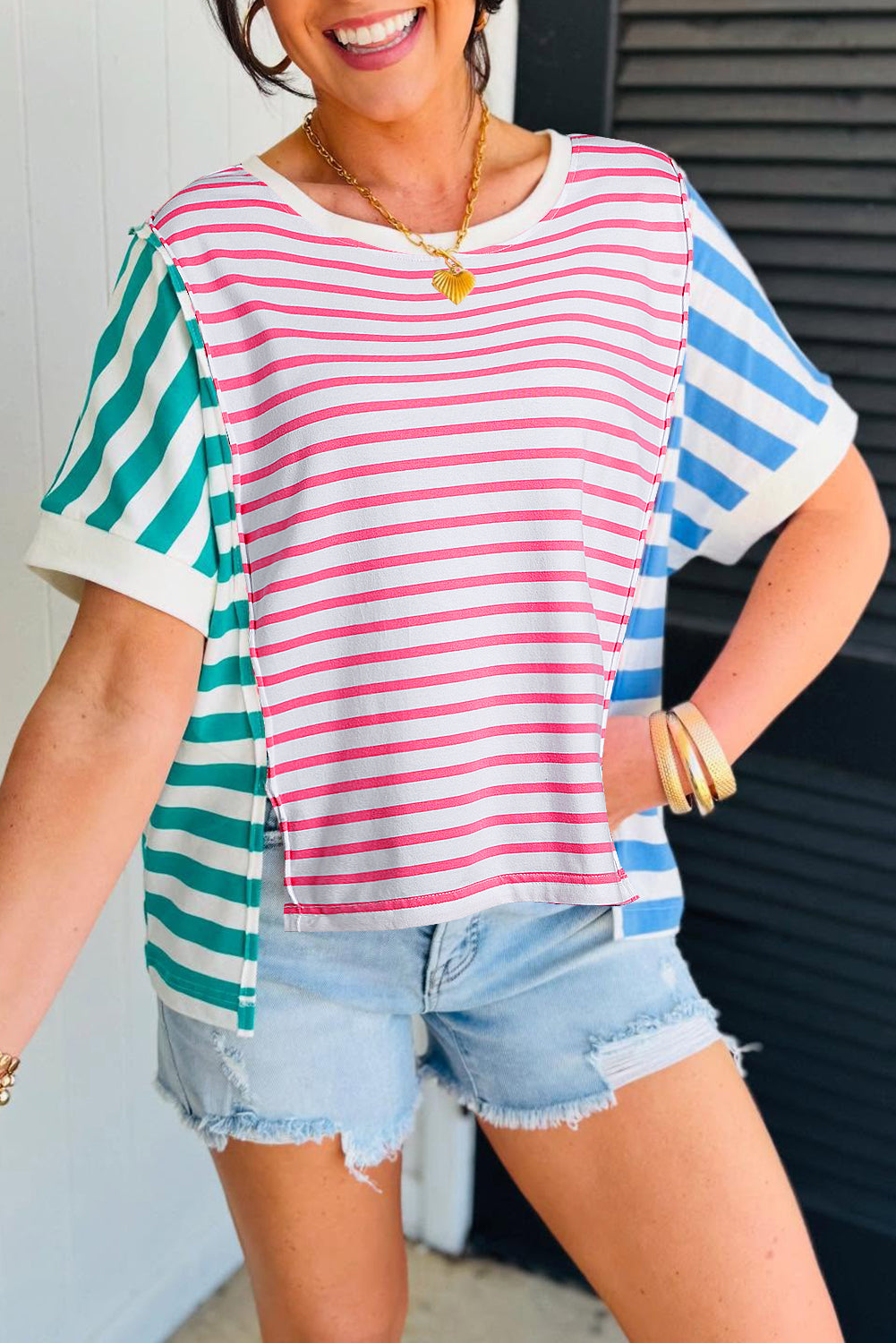 Pink Stripe Mixed Pattern Patchwork Uneven Hem Loose Tee-Tops/Tops & Tees-[Adult]-[Female]-Pink Stripe-S-2022 Online Blue Zone Planet