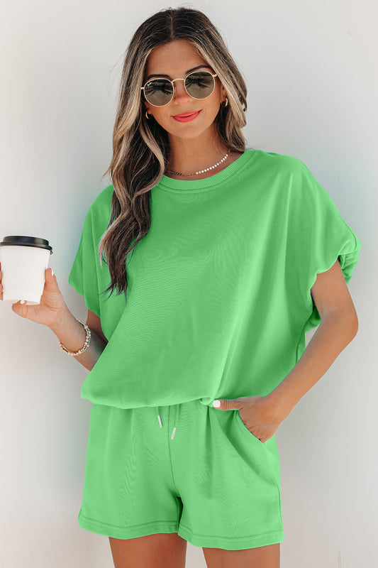Green Solid Color Puffy Loose Top Drawstring Shorts 2pcs Outfit-Two Piece Sets/Short Sets-[Adult]-[Female]-Green-S-2022 Online Blue Zone Planet