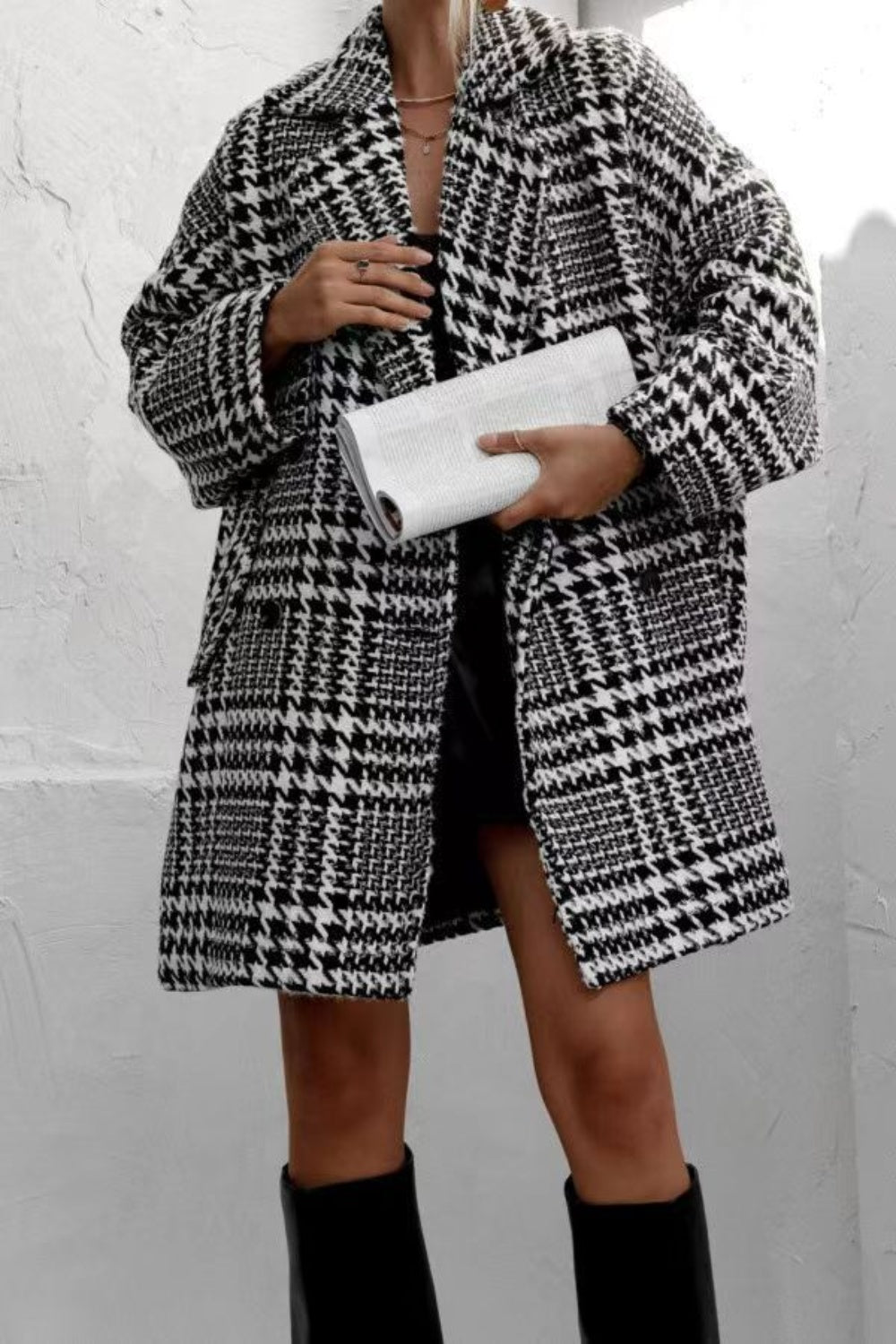 Blue Zone Planet | Houndstooth Collared Neck Long Sleeve Coat-TOPS / DRESSES-[Adult]-[Female]-2022 Online Blue Zone Planet