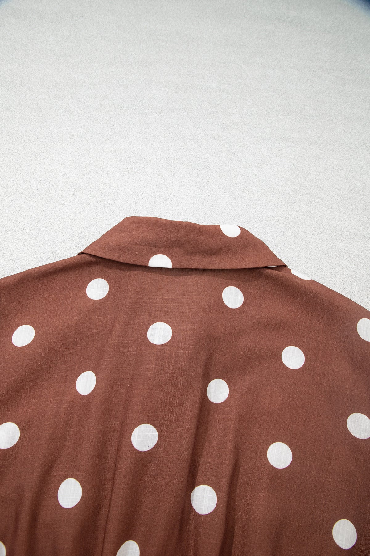 Brown Polka Dot V Neck Abdomen Pocket Gathered Cuffs Long Sleeve Shift Plus Size Dress-TOPS / DRESSES-[Adult]-[Female]-2022 Online Blue Zone Planet