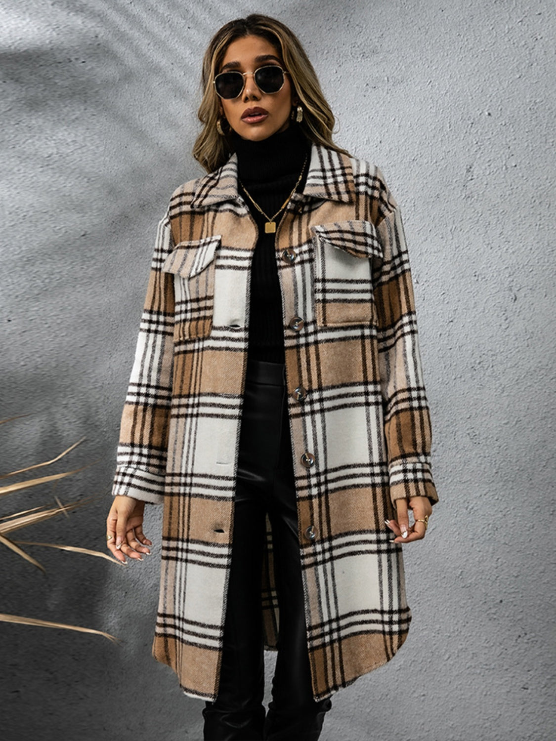 Plaid Collared Neck Long Sleeve Coat-TOPS / DRESSES-[Adult]-[Female]-2022 Online Blue Zone Planet