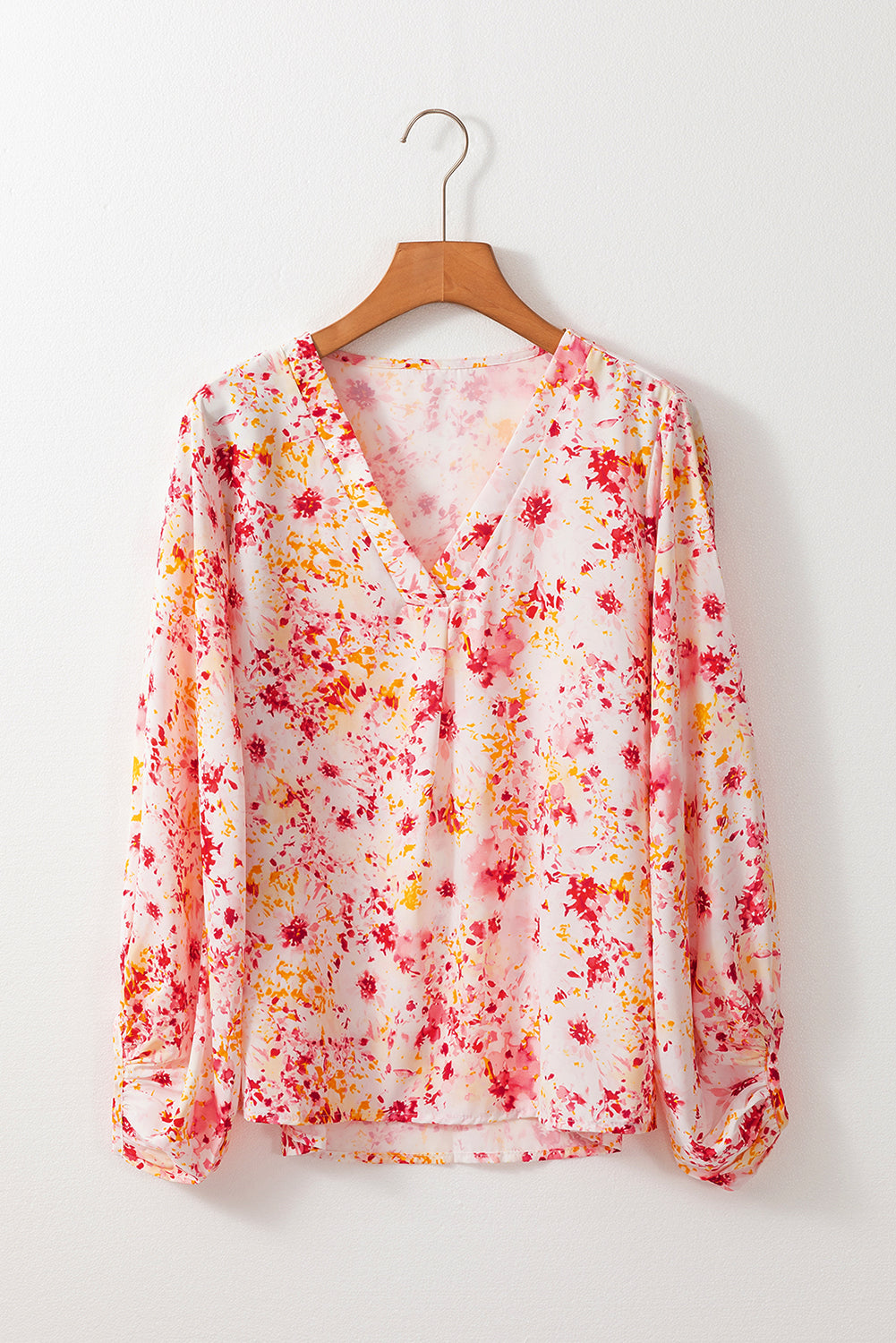 Pink Ditsy Floral Bubble Sleeve V Neck Blouse-Tops/Blouses & Shirts-[Adult]-[Female]-2022 Online Blue Zone Planet