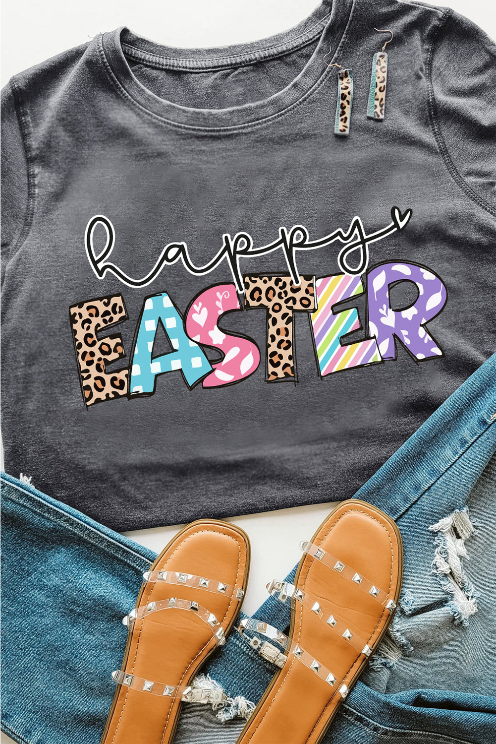 Gray Happy Easter Lettering Graphic Crewneck Tee