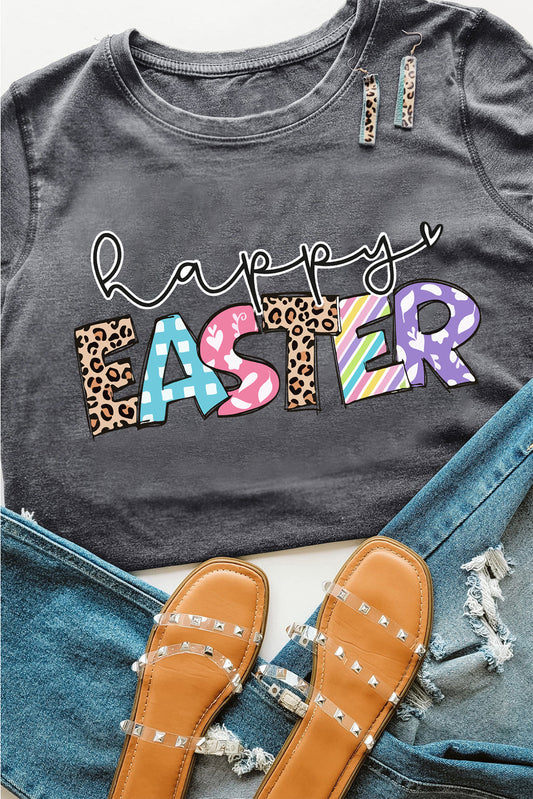 Gray Happy Easter Lettering Graphic Crewneck Tee-Graphic/Graphic Tees-[Adult]-[Female]-Gray-S-2022 Online Blue Zone Planet