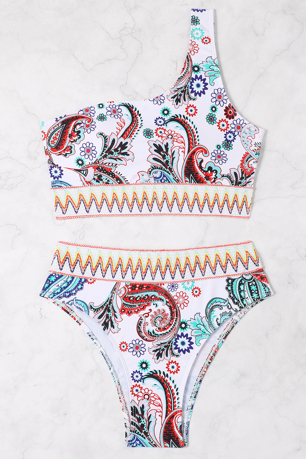 White Boho Paisley Contrast Trimmed One-shoulder Bikini-Swimwear/Bikinis-[Adult]-[Female]-2022 Online Blue Zone Planet