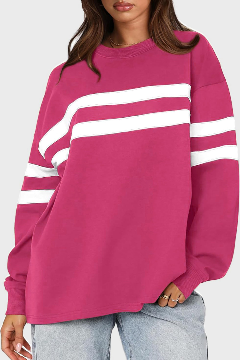 Lovelet Striped Round Neck Dropped Shoulder Sweatshirt-TOPS / DRESSES-[Adult]-[Female]-Cerise-S-2022 Online Blue Zone Planet