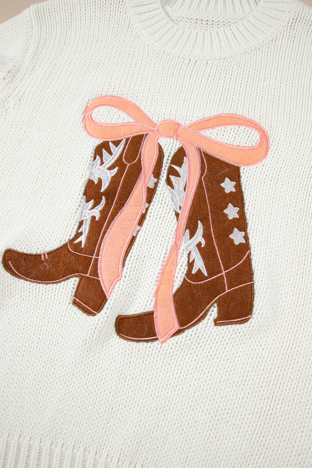 White Embroidered Bow Boots Graphic Drop Shoulder Sweater-TOPS / DRESSES-[Adult]-[Female]-2022 Online Blue Zone Planet