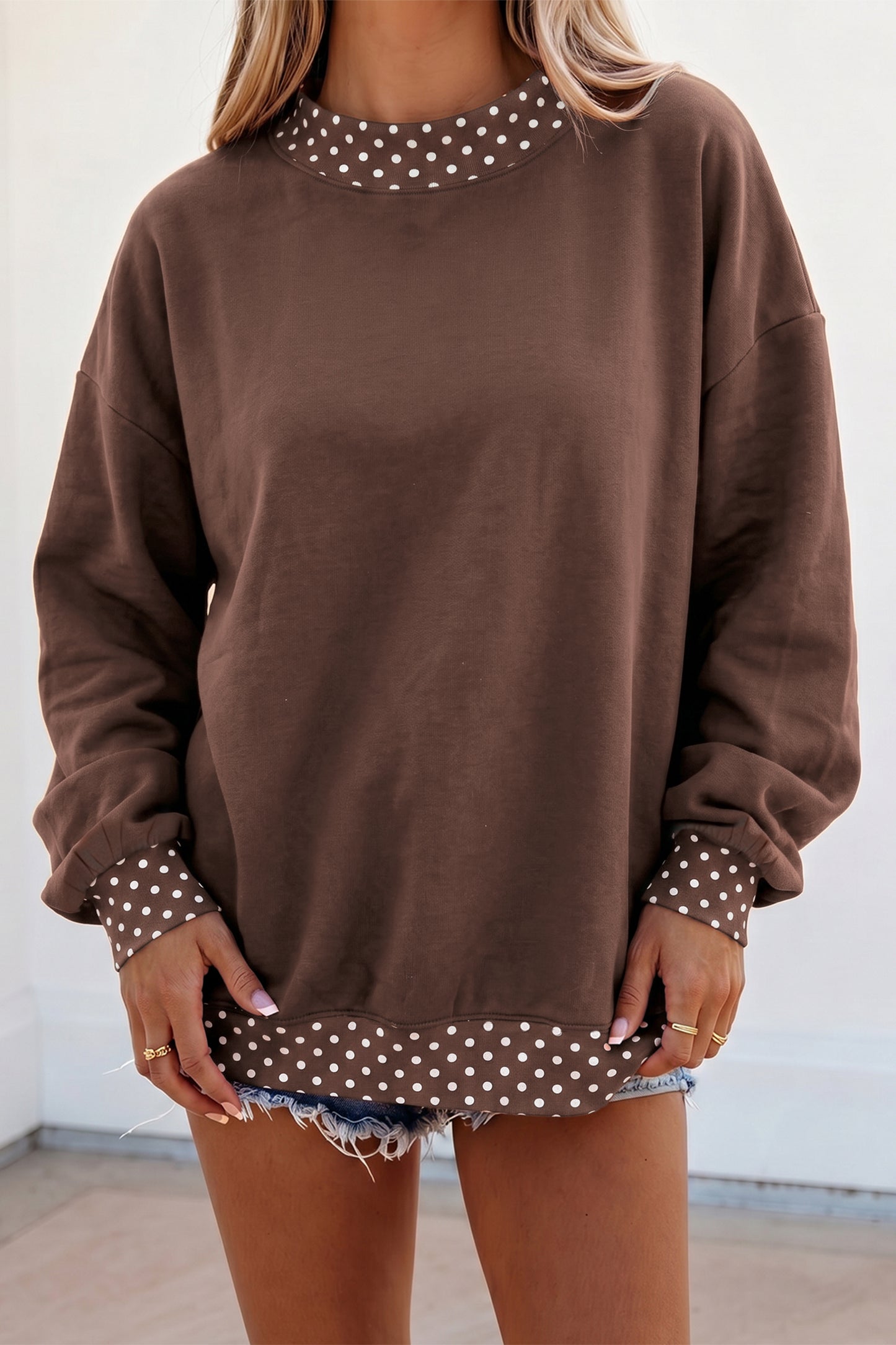 Dirty blue Colorblock Polka Dot Contrast Trim Oversized Sweatshirt-Tops/Sweatshirts & Hoodies-[Adult]-[Female]-Brown-S-2022 Online Blue Zone Planet