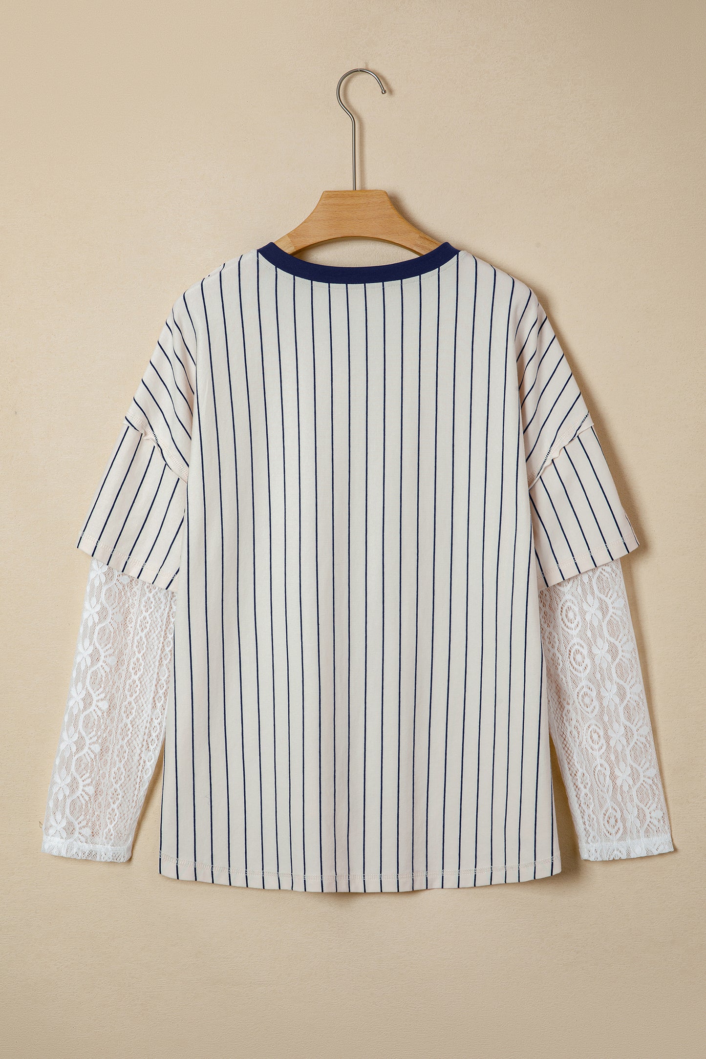 Blue Stripe 88 Los Angel Graphic Lace Patchwork Faux Two Piece V Neck Top-Tops/Long Sleeve Tops-[Adult]-[Female]-2022 Online Blue Zone Planet