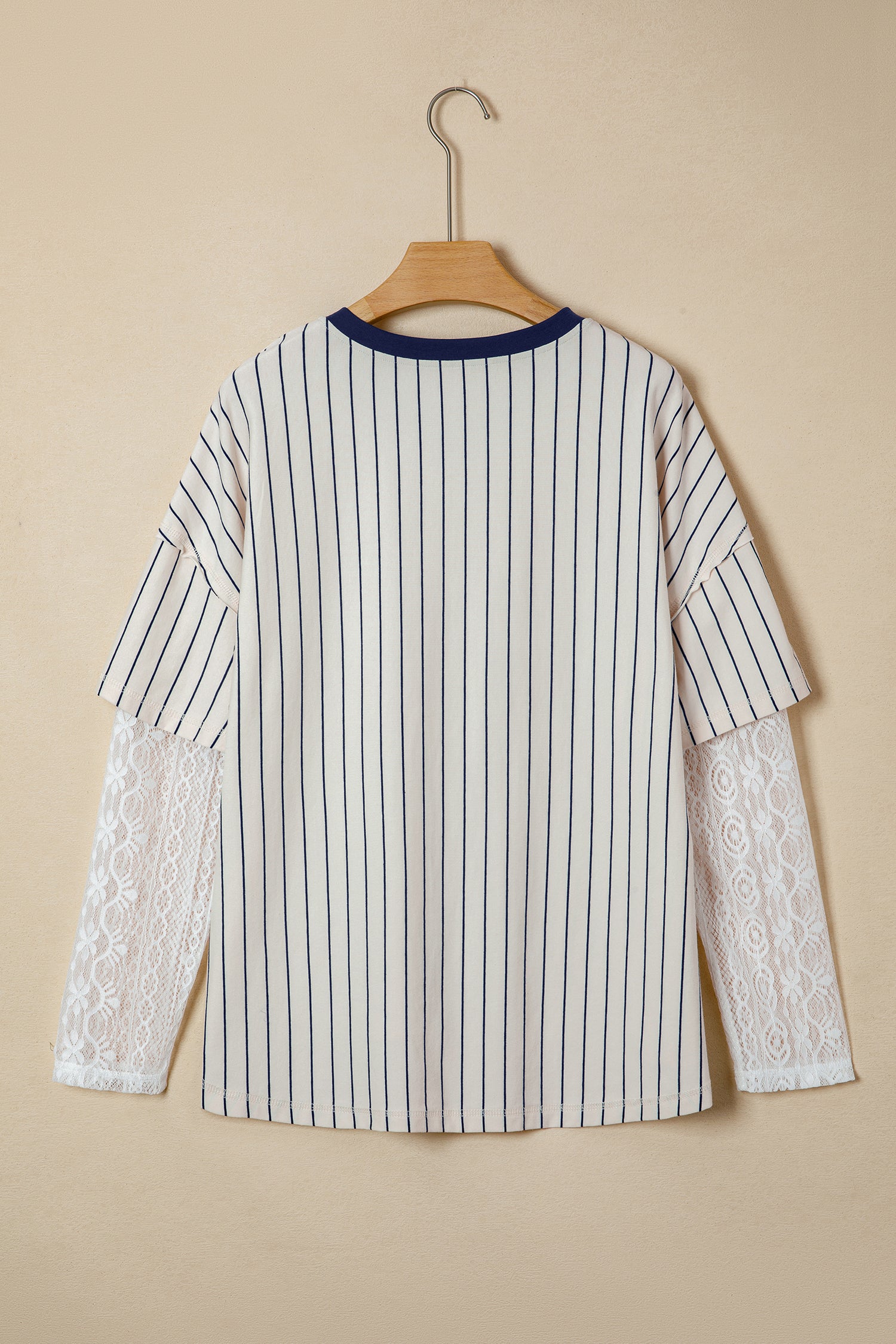 Blue Stripe 88 Los Angel Graphic Lace Patchwork Faux Two Piece V Neck Top-Tops/Long Sleeve Tops-[Adult]-[Female]-2022 Online Blue Zone Planet