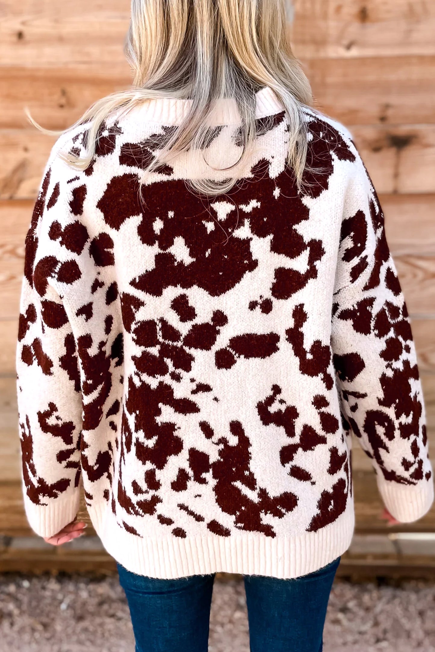 Brown Western Print Cow Pattern Long Sleeve Round Neck Pullover Knitwear Sweater
