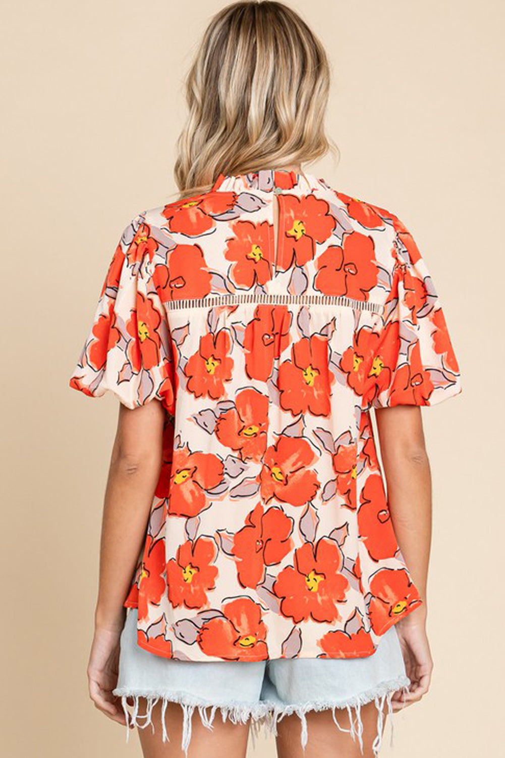 Orange Floral Bubble Sleeve Frill Neck Loose Blouse-Tops/Blouses & Shirts-[Adult]-[Female]-2022 Online Blue Zone Planet