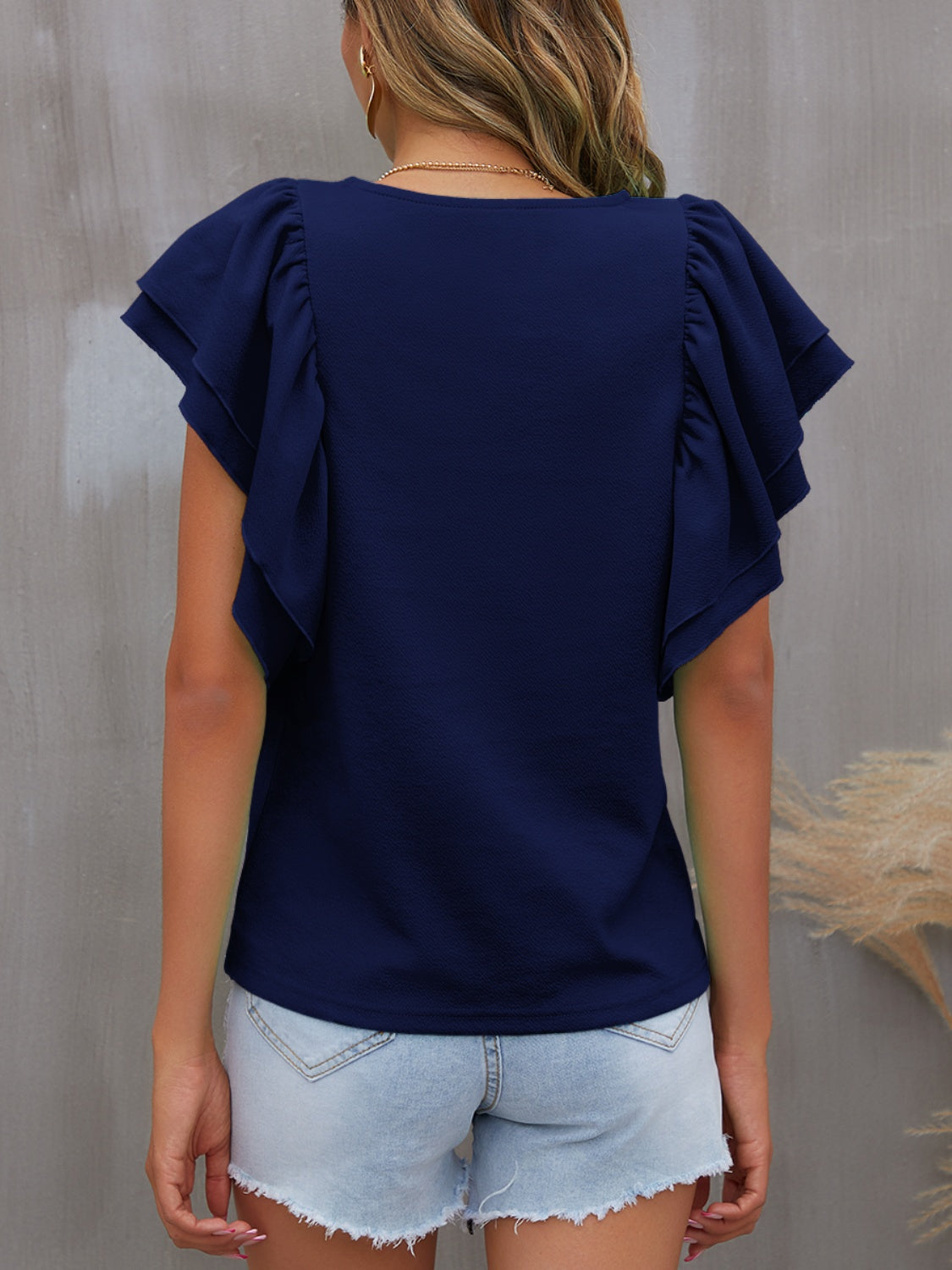 FAM-FAM Round Neck Flounce Sleeve Blouse-TOPS / DRESSES-[Adult]-[Female]-2022 Online Blue Zone Planet