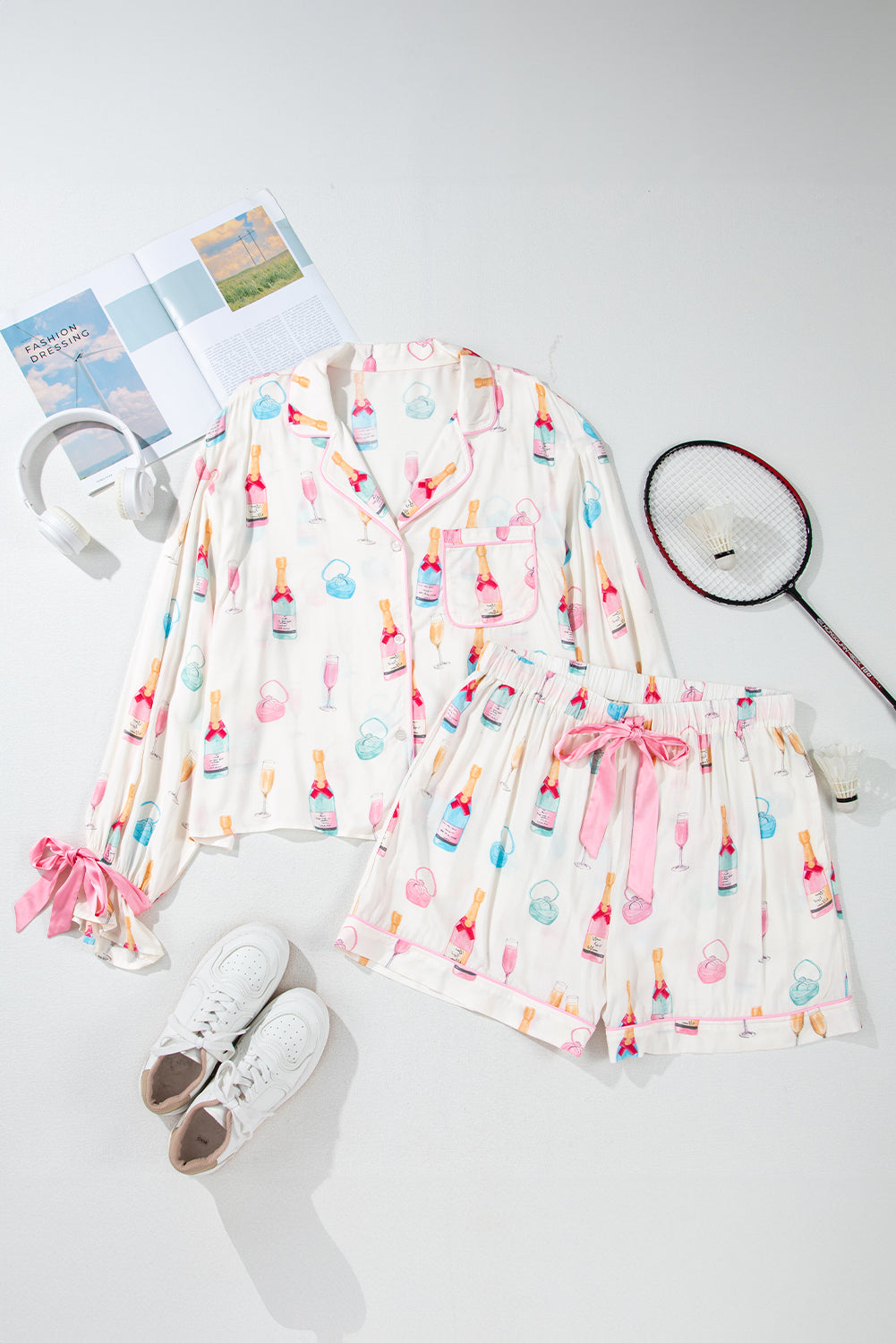 White Wine Glass Print Ribbon Bow Decor Plus Size Pajama Set-Plus Size Matching Sets-[Adult]-[Female]-2022 Online Blue Zone Planet