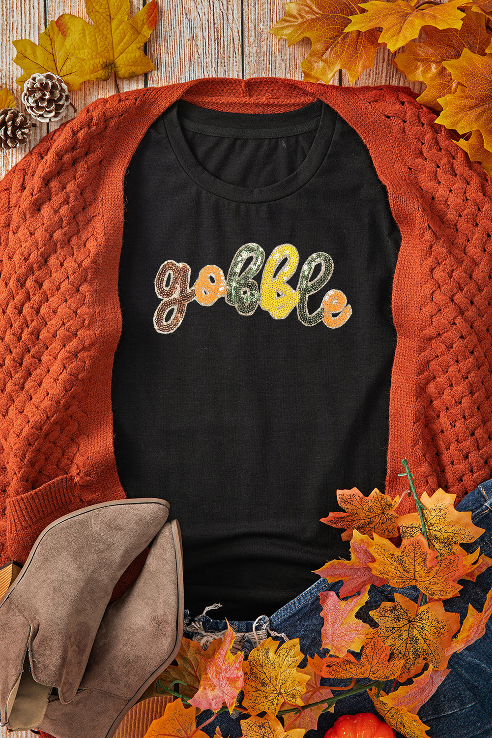 Black gobble Sequin Letter Graphic Thanksgiving T Shirt-Graphic/Graphic Tees-[Adult]-[Female]-2022 Online Blue Zone Planet
