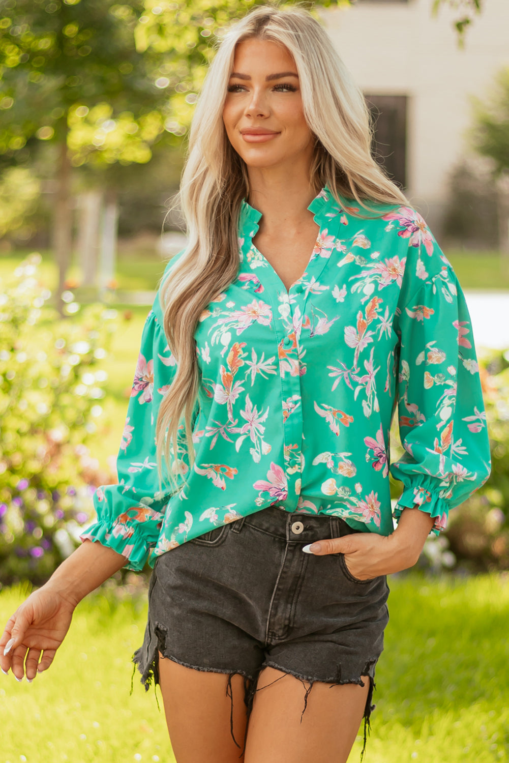 Green Floral Lantern Sleeve Button Front Shirt-Tops/Blouses & Shirts-[Adult]-[Female]-2022 Online Blue Zone Planet