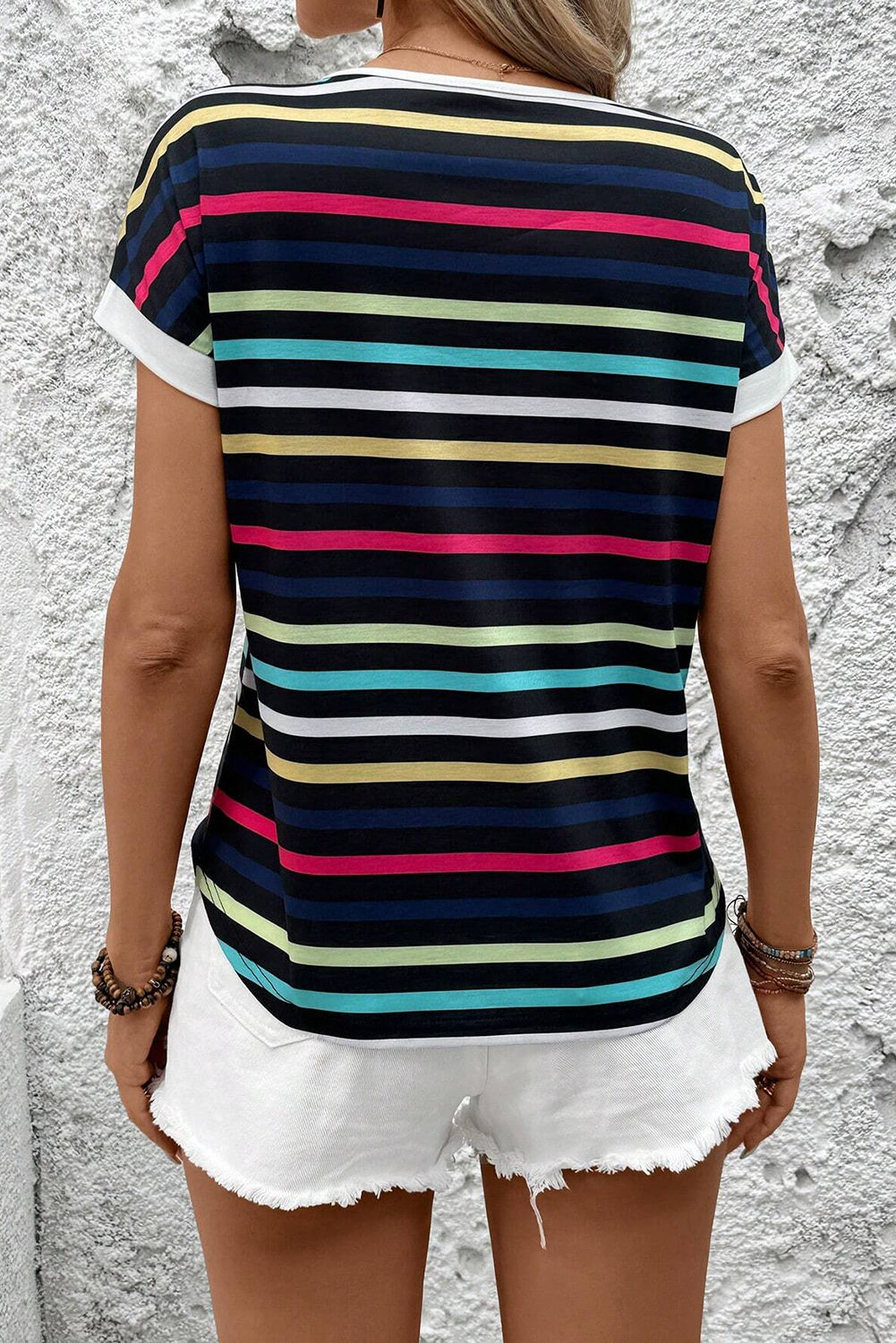 Black Stripe Multicolor Contrast Edge Crew Neck T Shirt-Tops/Tops & Tees-[Adult]-[Female]-2022 Online Blue Zone Planet
