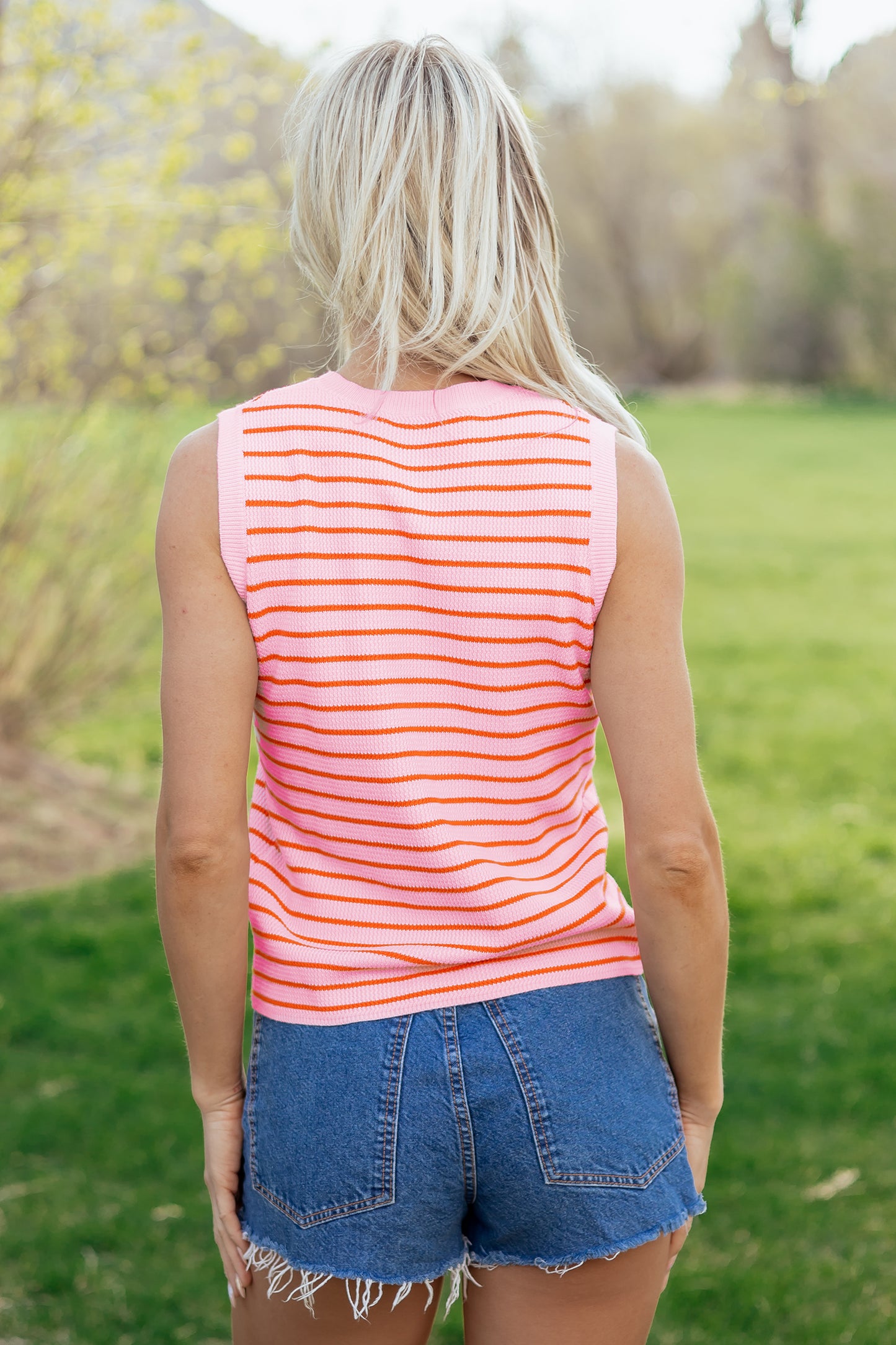 Pink Stripe Textured Knit Sleeveless Casual Sweater Top-TOPS / DRESSES-[Adult]-[Female]-2022 Online Blue Zone Planet